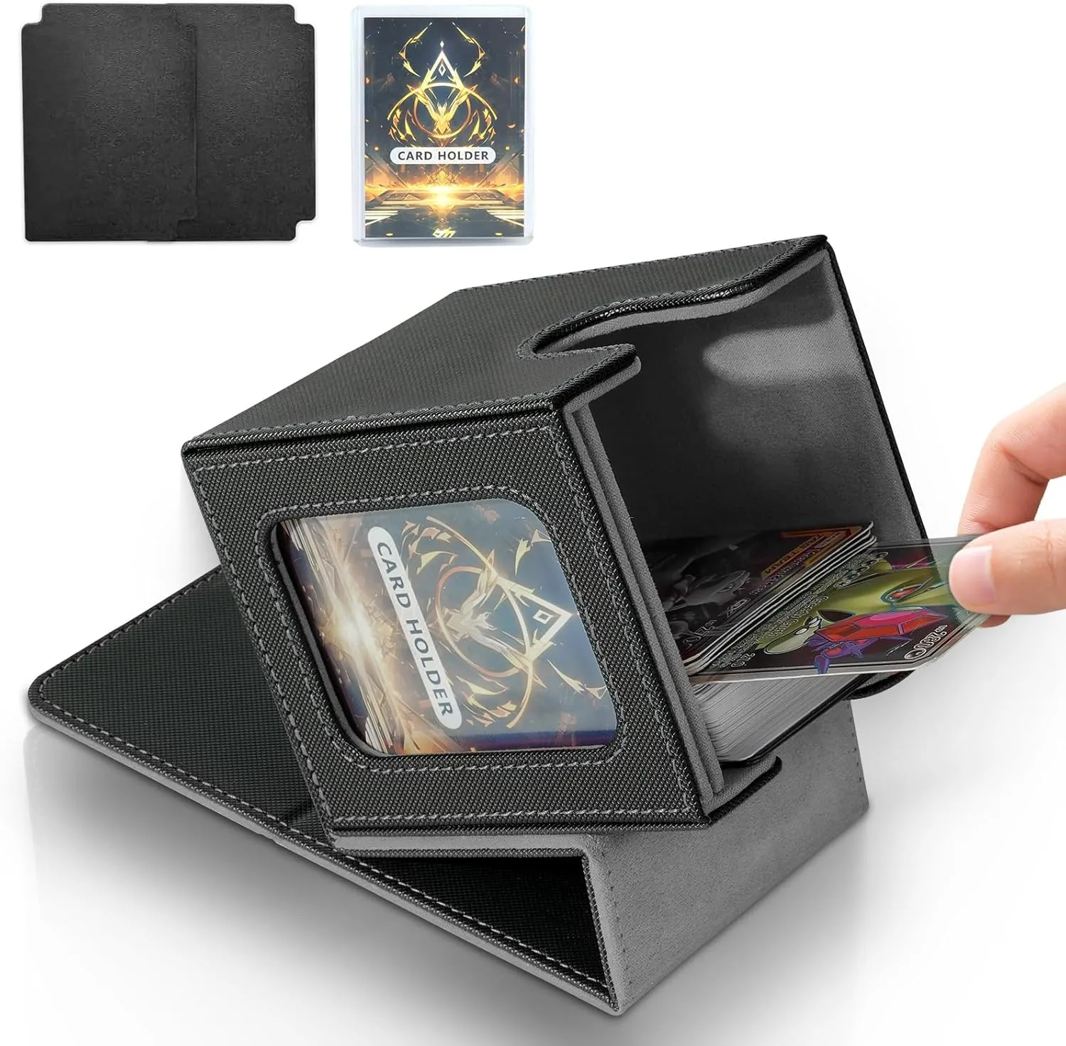 IVODEELA Deck Box con Due Divisori,Magnetic Flip Deck Box Magic mit Display per MTG Magic Commander TCG,Porta Deck Capacità di 100+ Carte,Pelle PU Deckbox,Nero Grigio