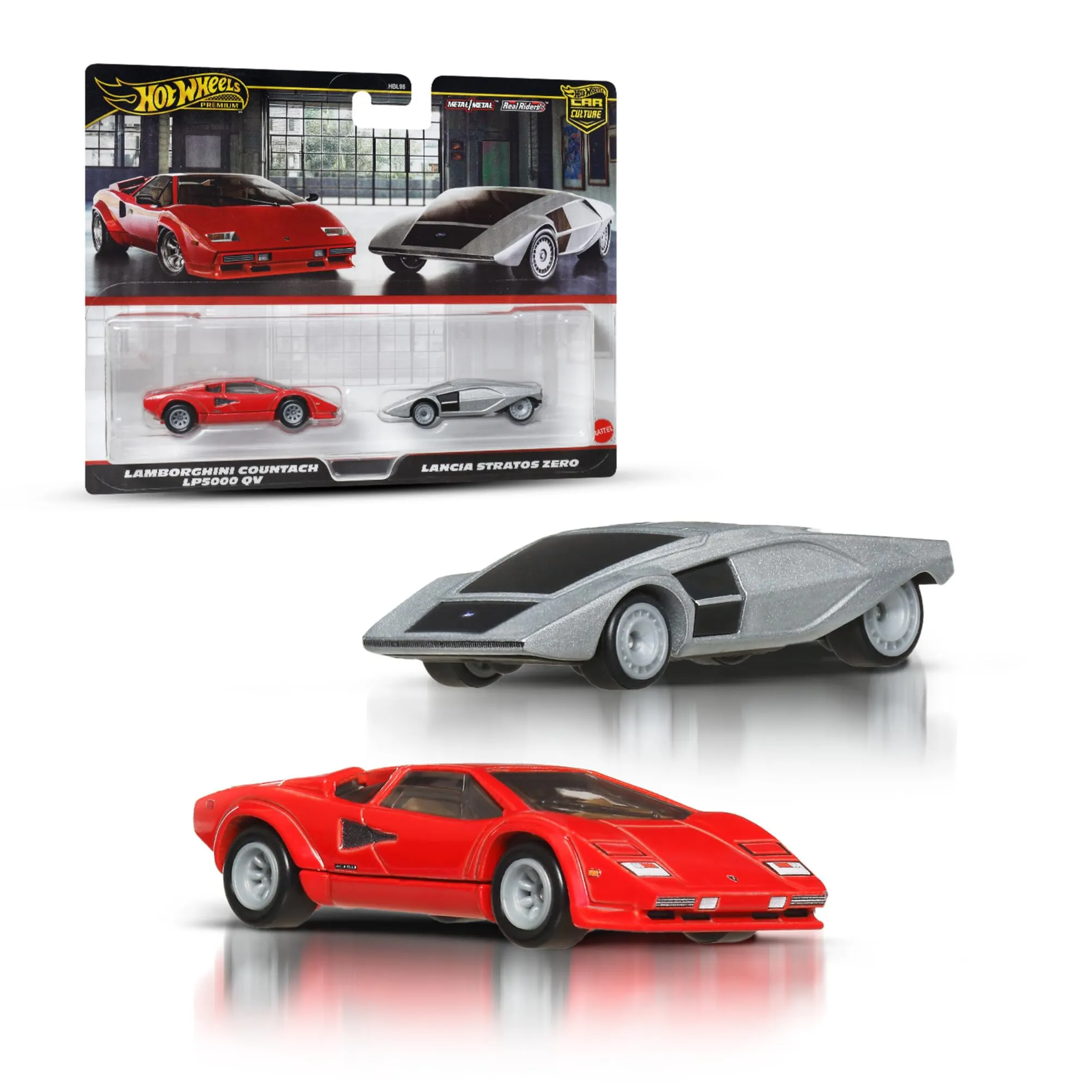 Fisher-Price Hot Wheels Premium - Lancia Stratos Zero, Set da 2 Veicoli Car Culture in Scala 1.64, con Pneumatici Real Riders e Telaio in Metallo, Giocattolo per Collezionisti, 3+ Anni, JBL02