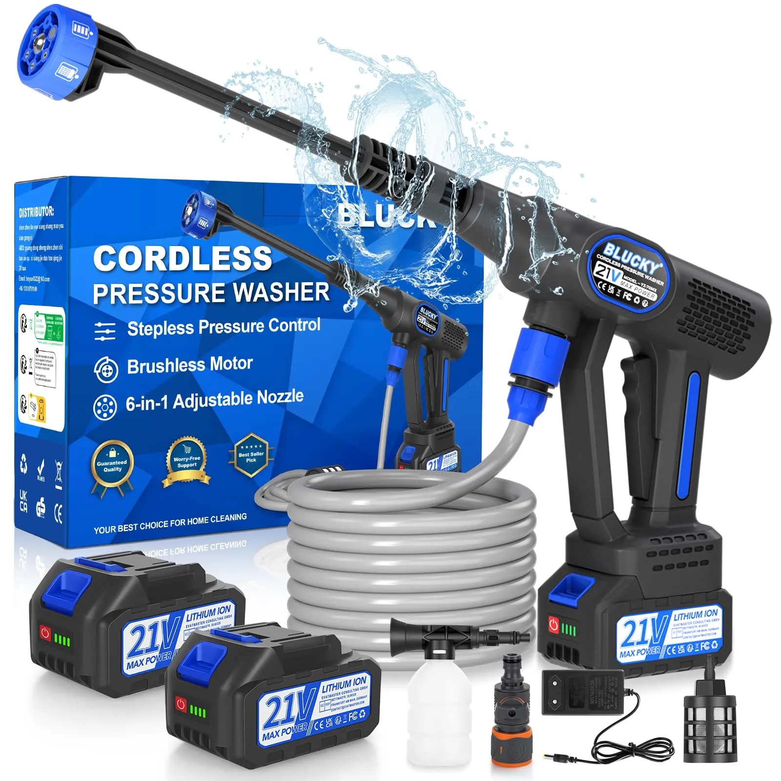 Idropulitrice a Batteria, Idropulitrice Portatile con 6 In 1 Ugello, Idropulitrice Batteria con Controllo della Pressione Infinitamente Regolabile Per Pulizie Esterni Giardino Auto