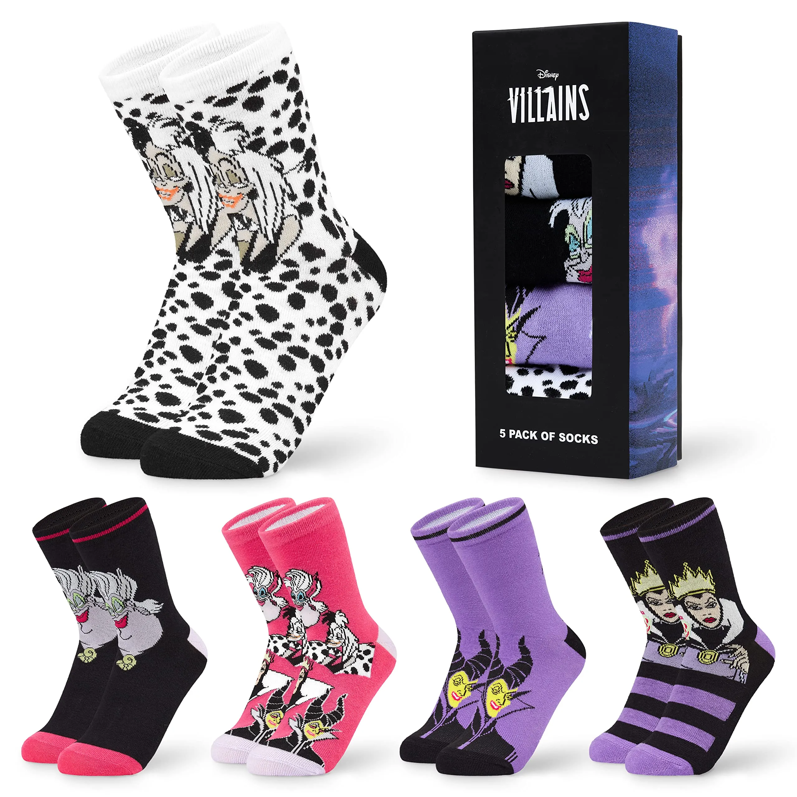 Disney Calzini Donna Stitch 5 Paia di Calze Divertenti a Fantasia Ih Oh Baby Yoda Principesse Crudelia Taglia Unica Gadget Regalo Ufficiale (Viola/Rosa Villans)