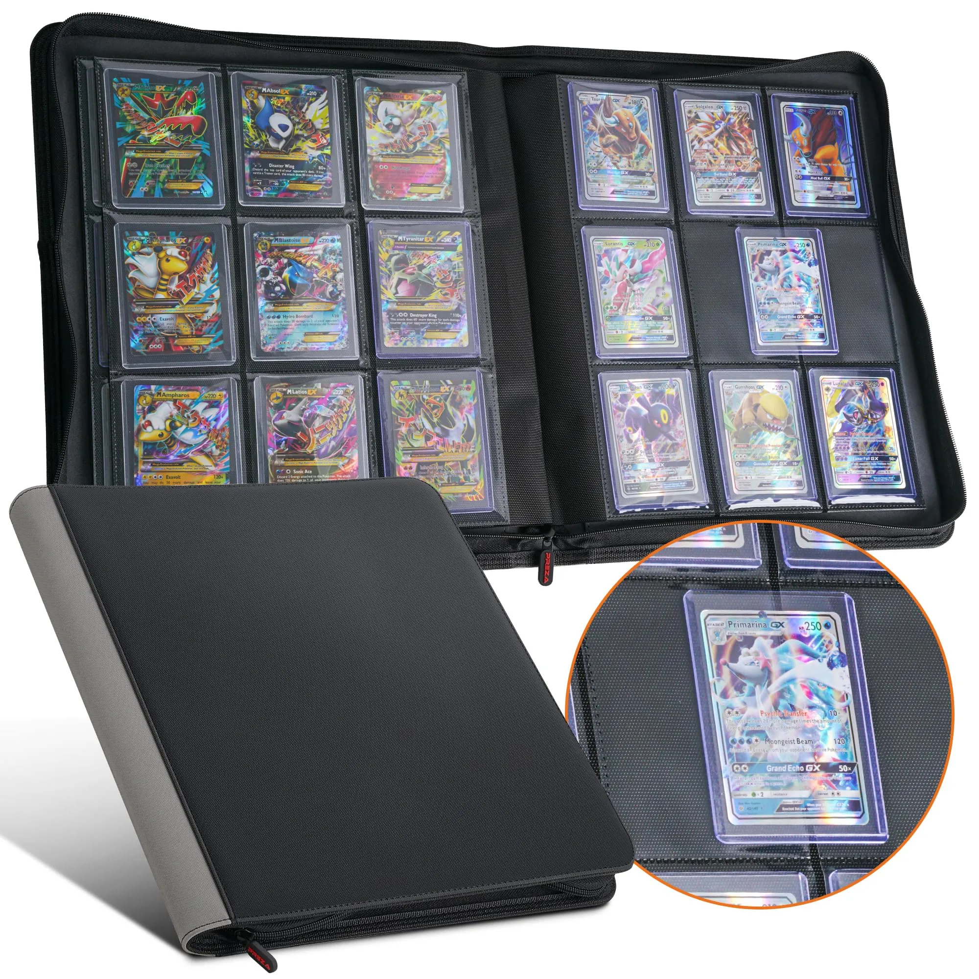 PREZA Toploader Binder - Holds 216 Top Loaders - 9 Pocket Top Loader Binders - Trading Card Binder for Toploaders - Top Loader Binder Card Storage Box (Black)