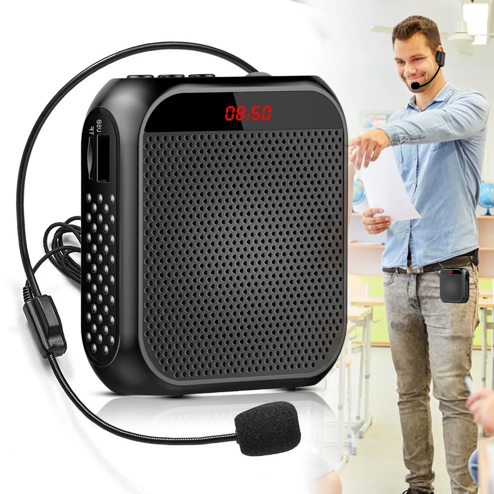 Amplificatore vocale con microfono senza fili, altoparlante portatile ricaricabile con microfono auricolare, bund, batteria 2200 mAh, mini amplificatore di voce wireless per allenatori, insegnanti,
