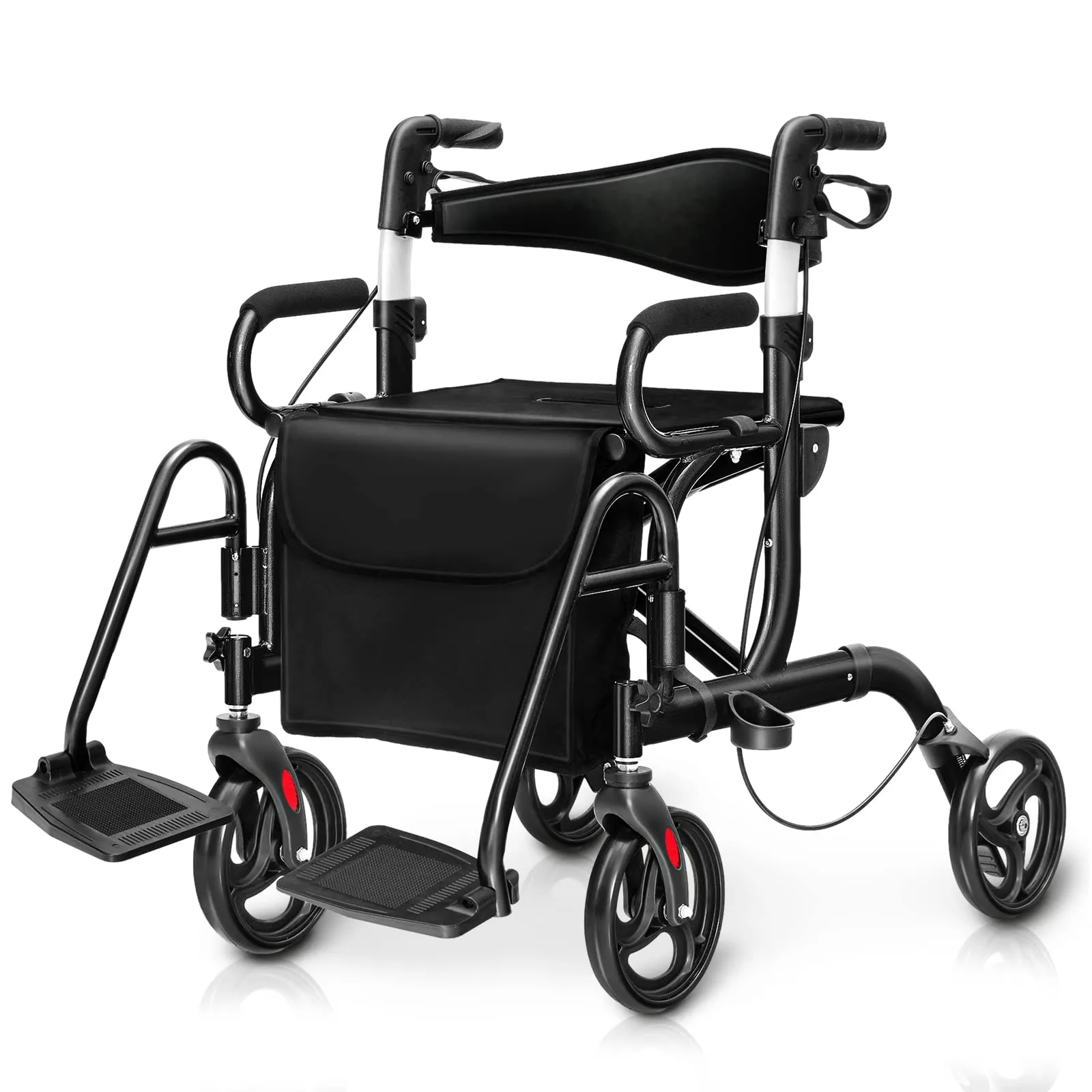 COSTWAY Deambulatore 2 in 1 per Anziani in Alluminio, Rollator Pieghevole e Regolabile in Altezza con Sedia, Schienale Reversibile, Manici Regolabili, Ruote, Poggiapiedi e Borsa Rimovibile