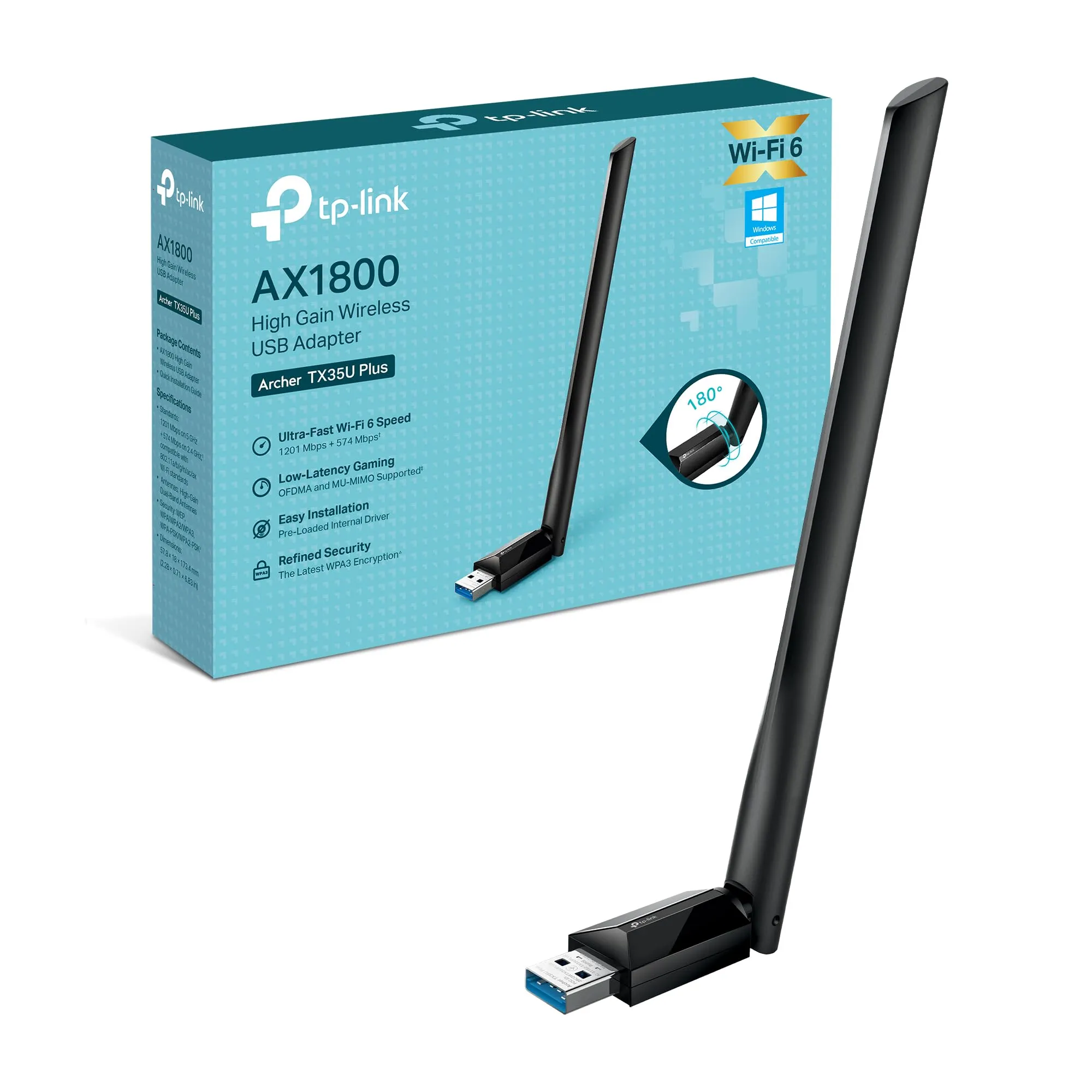 TP-Link Archer TX35U Plus WiFi 6 WiFI USB 3.0 AX1800Mbps, Alto Guadagno Multi-Direzionale, Wireless Dual Band 5GHz 1201 Mbps+ 2.4GHz 574 Mbps, Supporta Windows 11/10, MU-MIMO, OFDMA