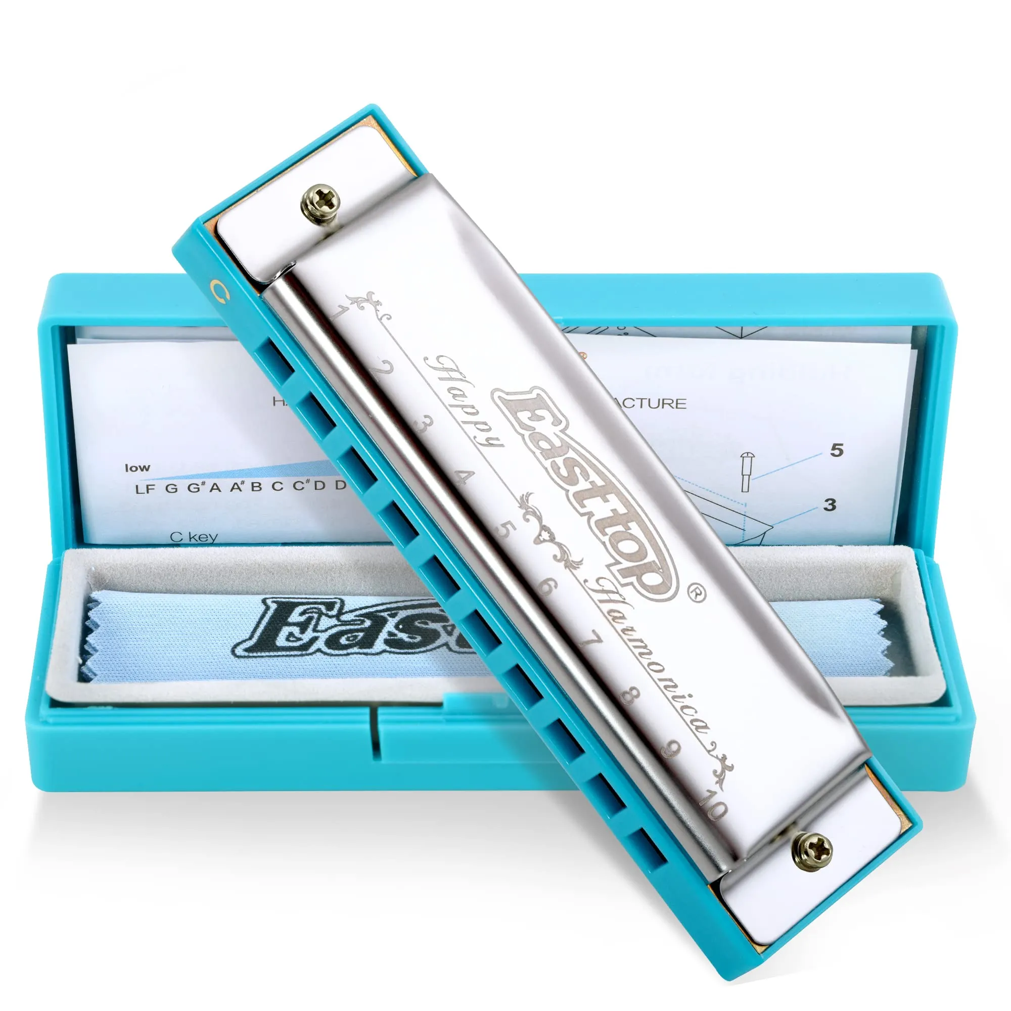 East top armonica, diatonico 10 fori C chiave, blues, per principianti, bambini, bambini, studenti, regalo, con caso, panno pulito e manuale