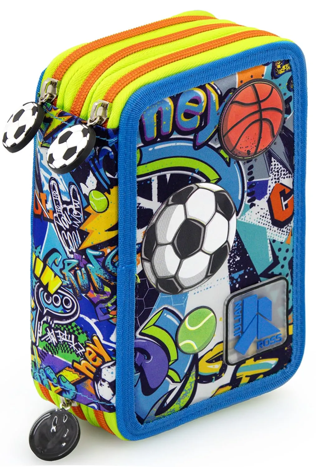 Julian Ross Astuccio 3 Scomparti Bambini – 45 Pezzi, 2 Penne Cancellabili, Pastelli 4.0, Forbici, Colla, Pennarelli – Scuola e Regalo - Multicolore - Sport, Calcio, Tennis, Basket