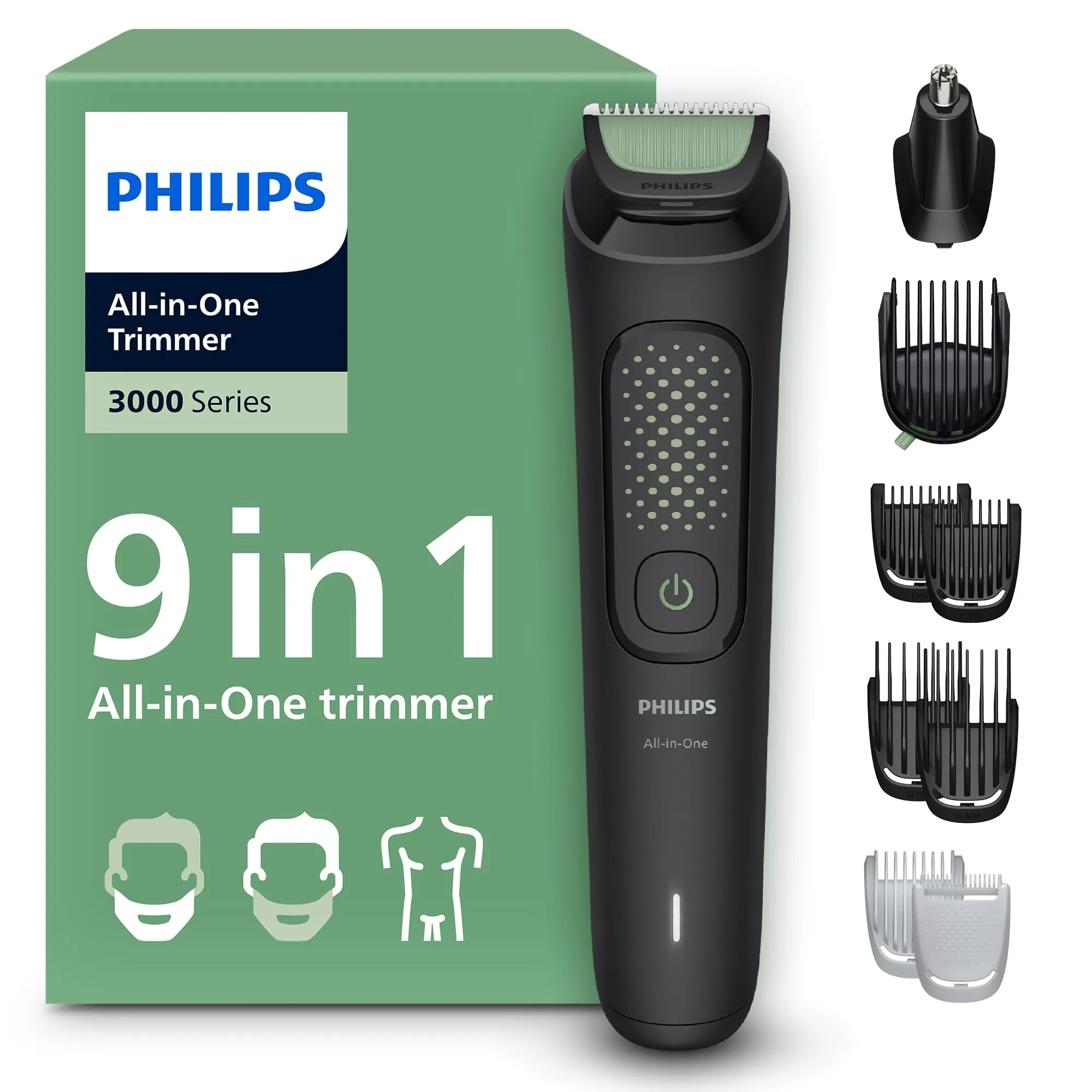 Rifinitore Philips Multigroom serie 3000 tutto in uno 9 in 1 - Rifinitore per barba, capelli e corpo, lame autoaffilanti delicate sulla pelle, 12 impostazioni di lunghezza, Modello MG3946/15