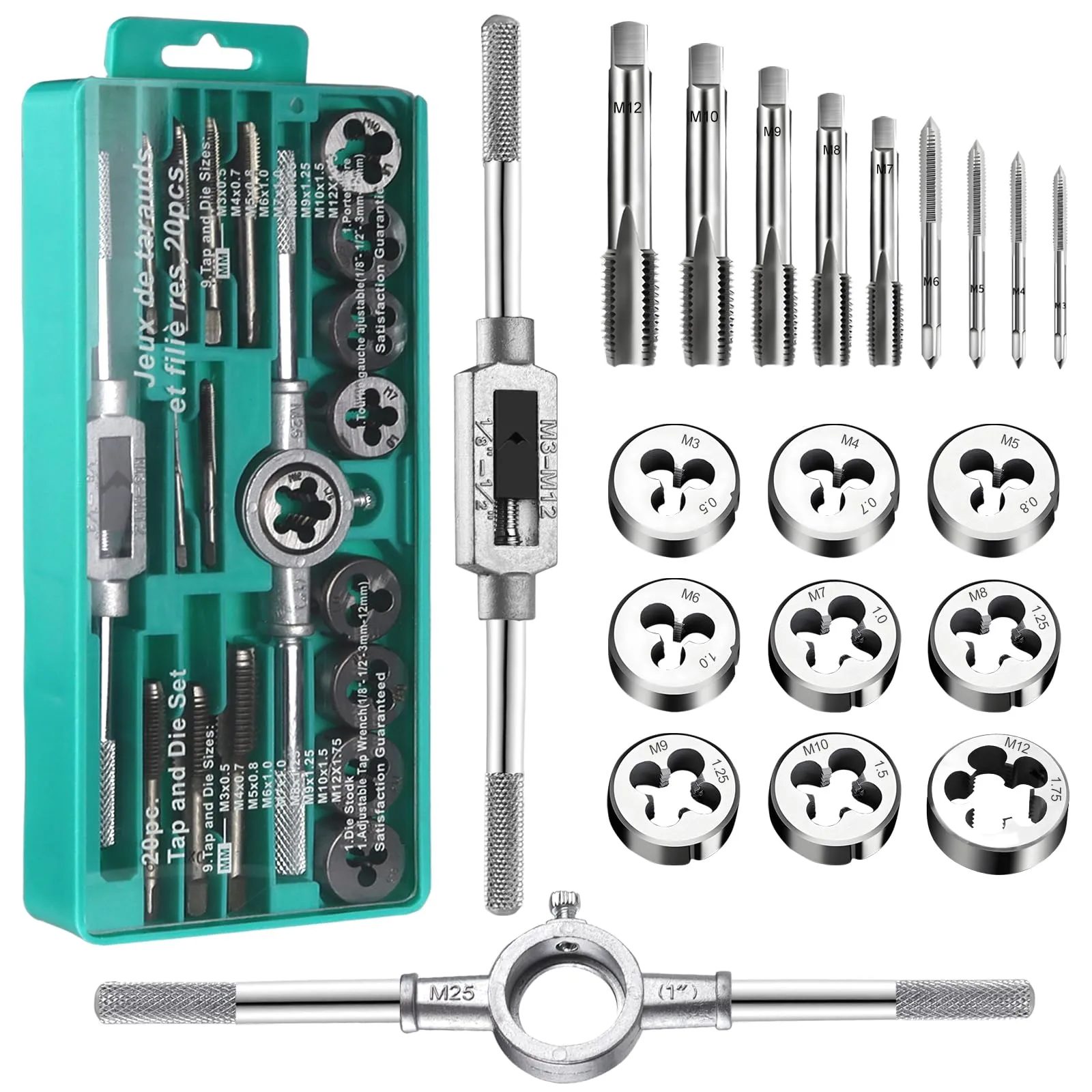 Maschi per Filettatura Set Kit Filiera Punte Trapano Professionali Filettatrice Manuale 20 Pz Filiera per Filettatura Professionale Maschi e Filiere Giramaschi a Cricchetto M3-M12 Tap and Die Set