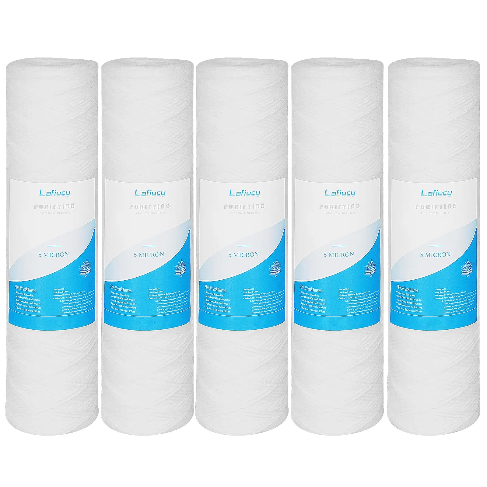 Lafiucy Cartuccia filtro per acqua di sedimenti avvolti da 50 micron, confezione da 5, per filtrazione di sedimenti da 10 pollici x 2,5 pollici per l'intera casa