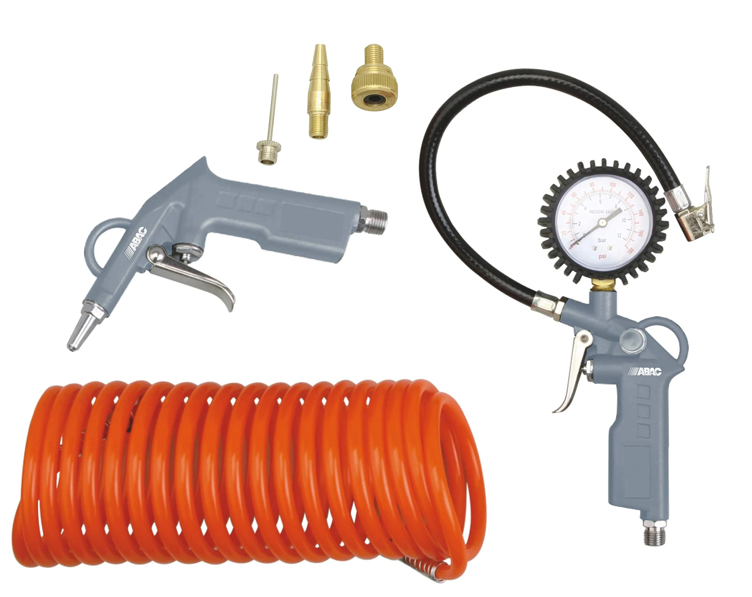 ABAC Kit Accessori per Compressore 6 Pezzi G-813, Inclusi Gonfiagomme con Manometro, Pistola di Soffiaggio, Tubo a Spirale 5 m, 3 Punte di Gonfiaggio, Pressione Max 8 Bar