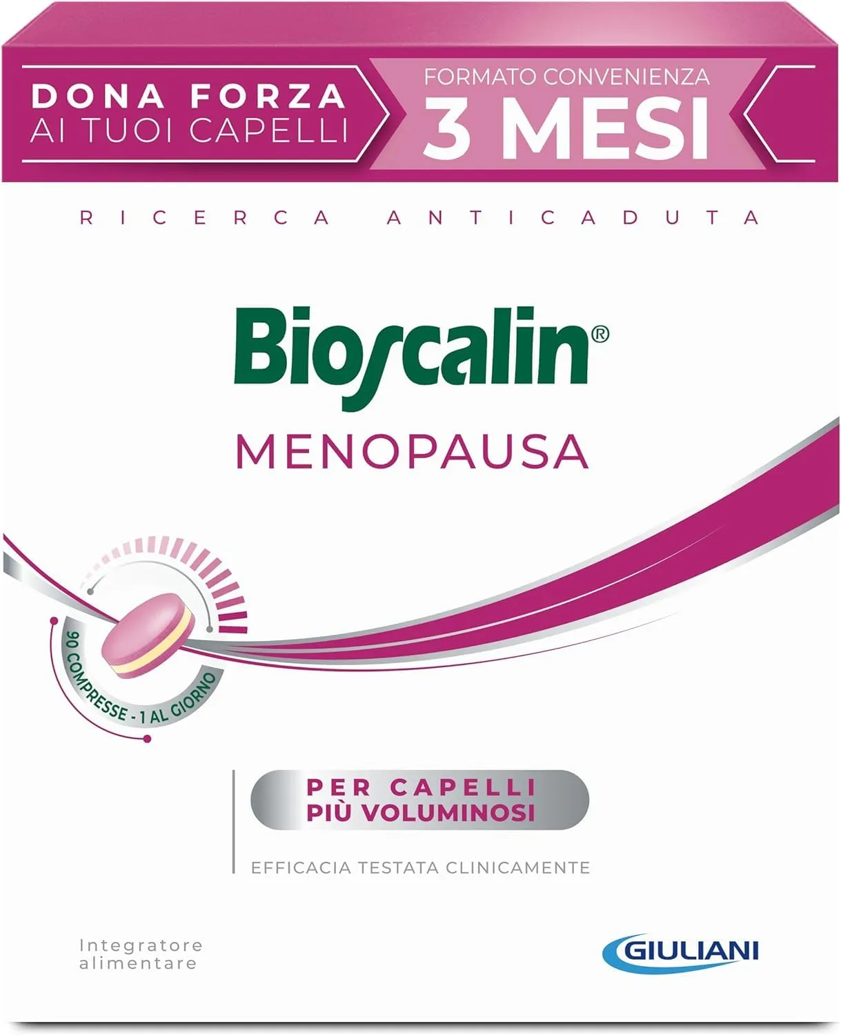Bioscalin MENOPAUSA Integratore Alimentare per Capelli Voluminosi, Favorisce la Forza dei Capelli, Utilizzo 3 Mesi per Donna, Senza Glutine, 90 Compresse
