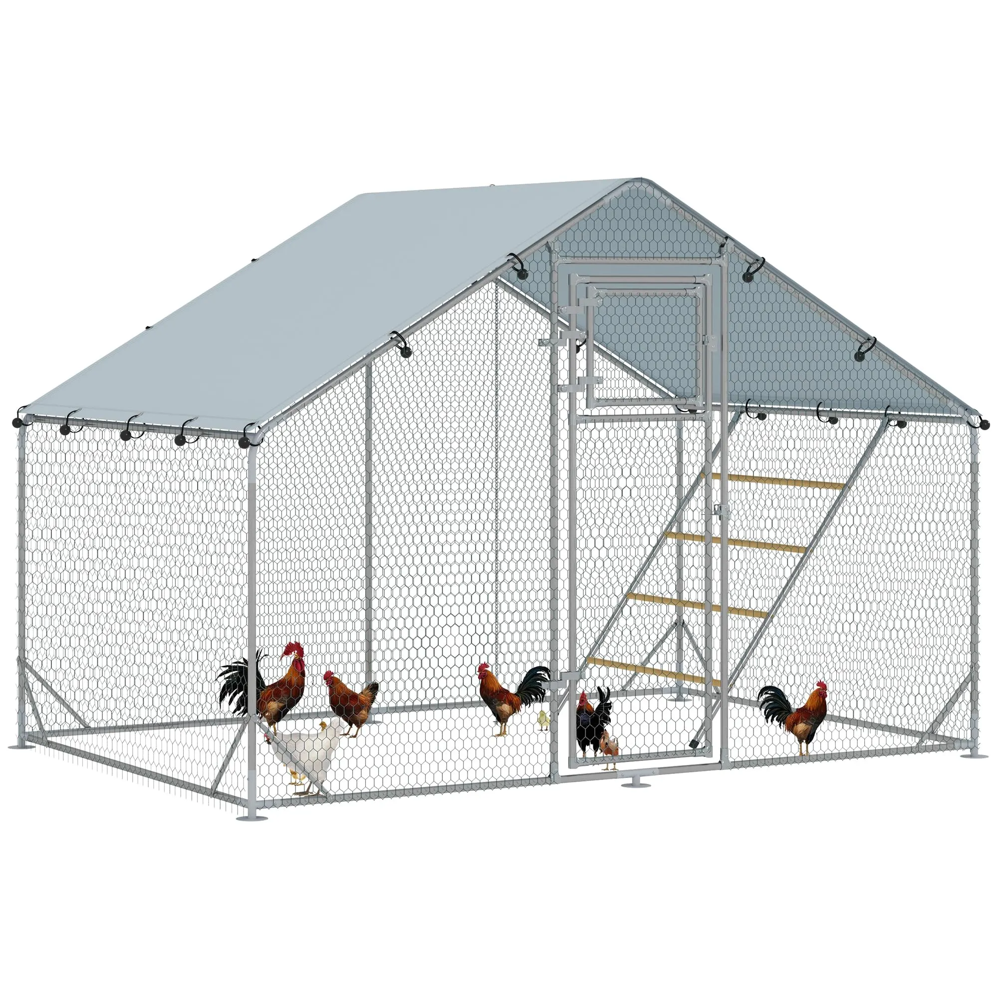 PawHut Pollaio per Galline da Esterno, 3x2x2 m 6 m² Recinto per 6-8 Galline in Acciaio Zincato, Gabbia per Polli con Tetto Impermeabile Anti-UV Mangiatoia Serratura per Piccoli Animali Conigli Anatre
