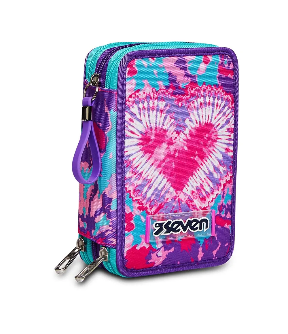 Seven Astuccio 3 Zip, Trendy heart girl, Attrezzato con Matite, Pennarelli ecc.., Multicolore, Scuola & Tempo Libero