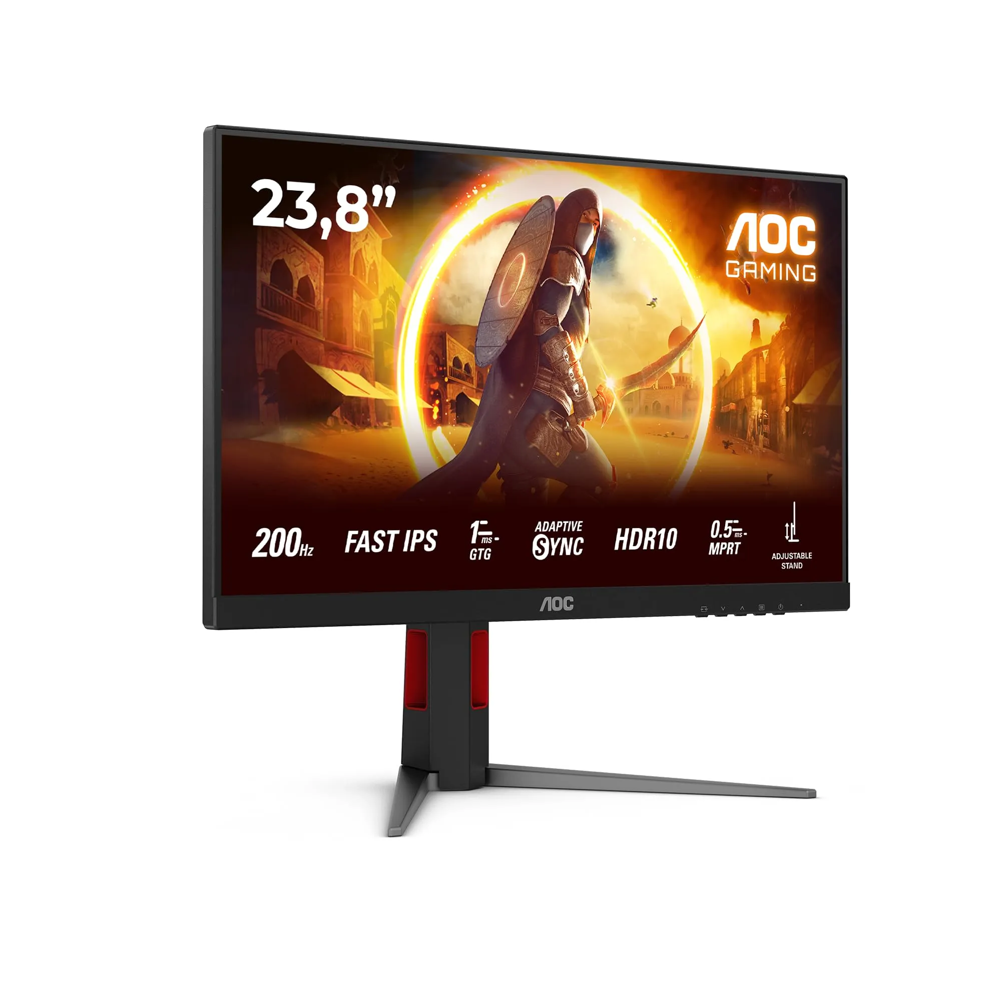 AOC Gaming 24G4HA - Monitor Full HD da 24 pollici, 200 Hz, 1 ms, comp. G-Sync, HDR10 1920x1080, 2x HDMI 2.0, 1x DisplayPort 1.4 nero-rosso, 24 inch FHD IPS, Regolazione altezza - Altoparlanti