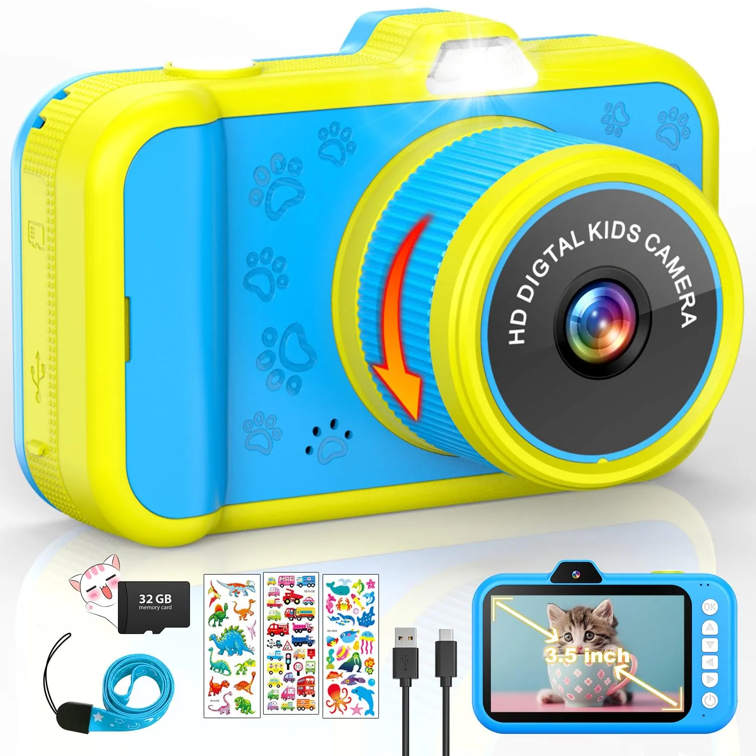 Macchina Fotografica Bambini, 3,5" Grande Schermo, 360° Obiettivo Zoom Rotante - H90