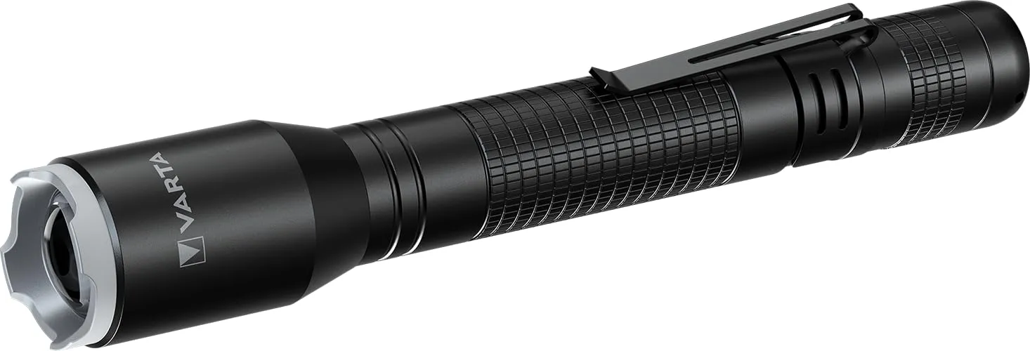 VARTA Torcia LED incl. 2x Pile AA, Aluminium Light F20 Pro, lampada con tre modalità di illuminazione, luce con corpo in alluminio, impugnatura goffrata, antiurto