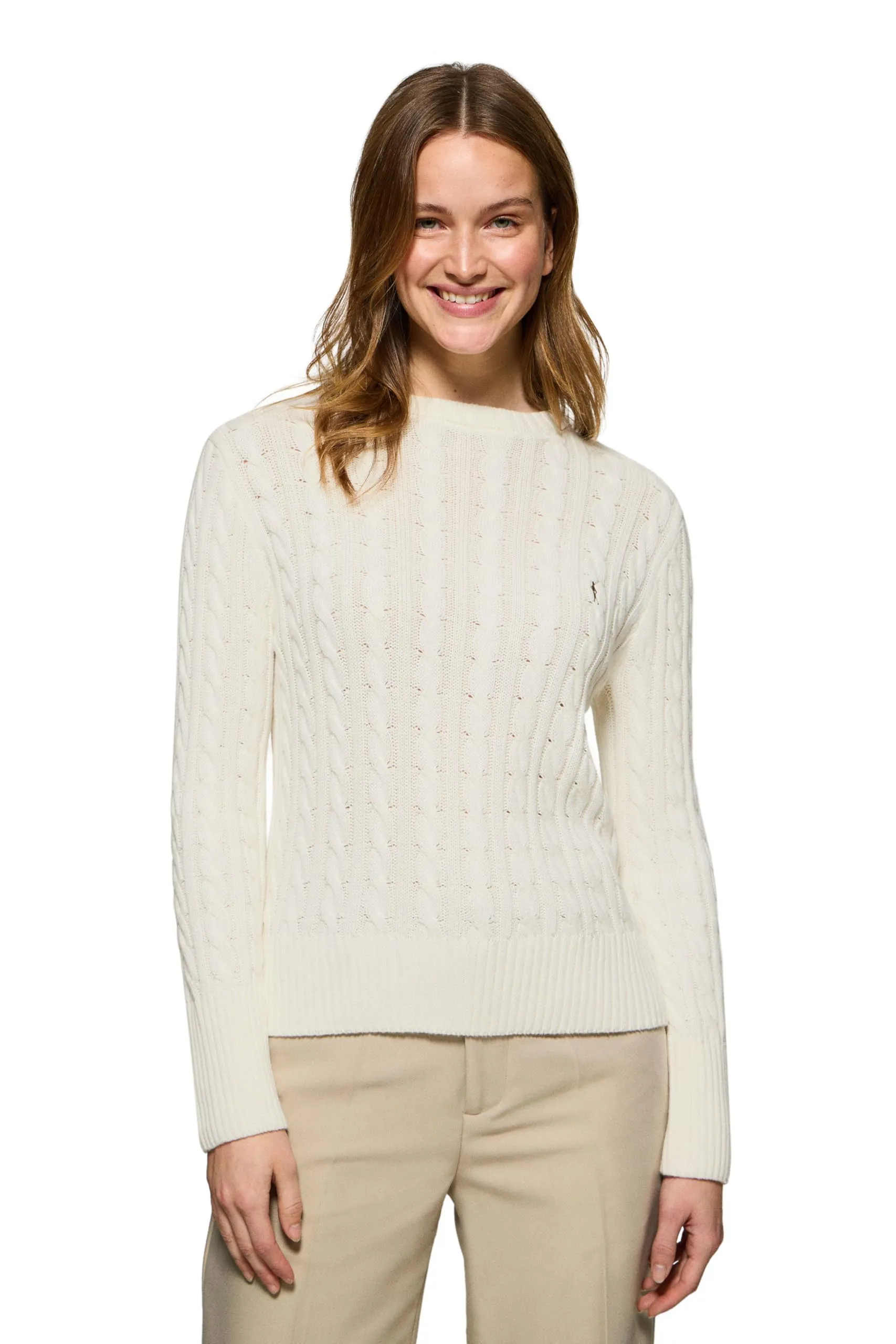 Polo Club Maglione per Donna Stile Treccia con Scollo Tondo e Ricamo 100% Cotone - Maglione Marrone Ocra -