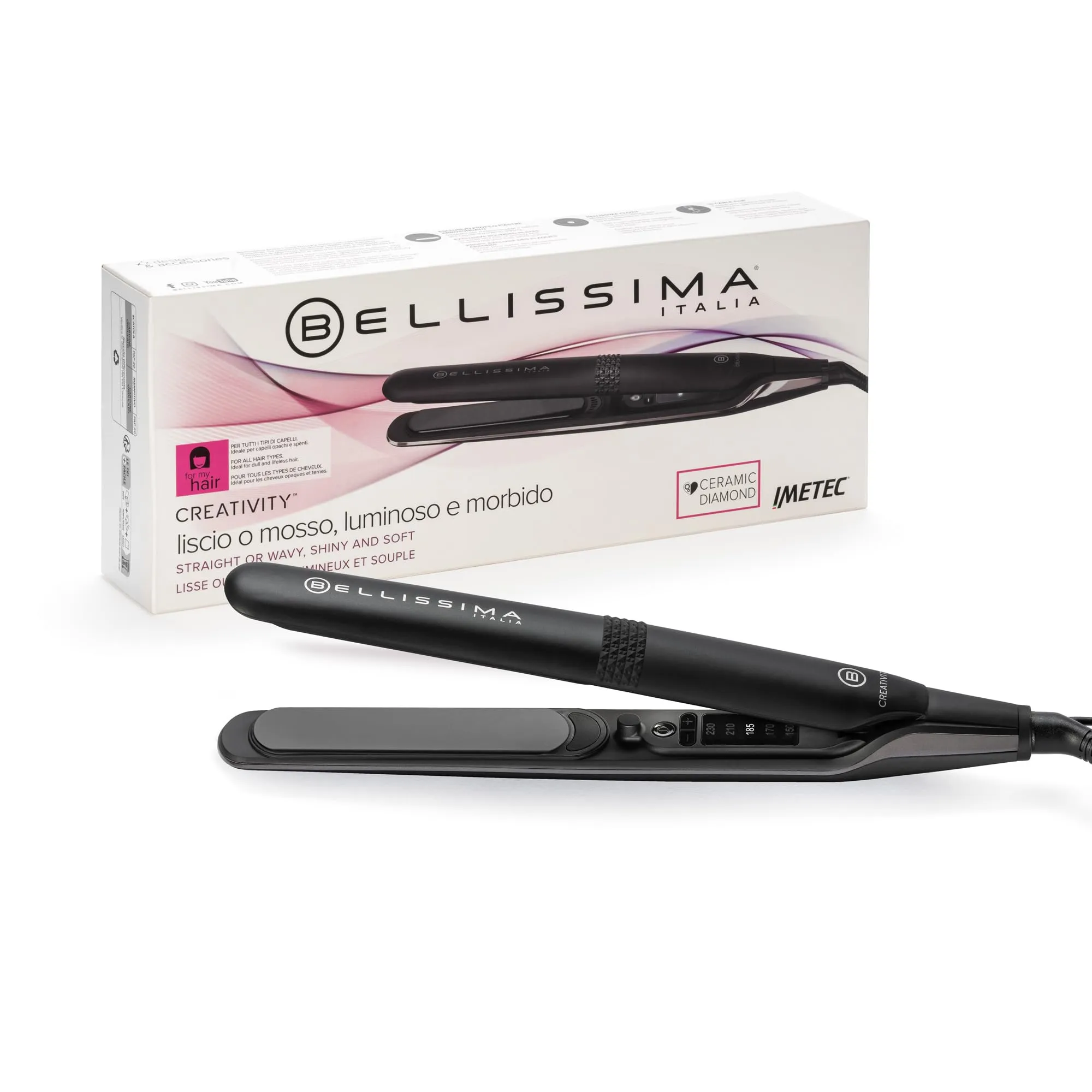 Bellissima Imetec Creativity, Piastra per Capelli Lisci o Mossi, Rivestimento Ceramica Diamond, 5 Temperature 150/230°C, funzione Memory, Calore Costante, Riscaldamento Rapido, Design arrotondato