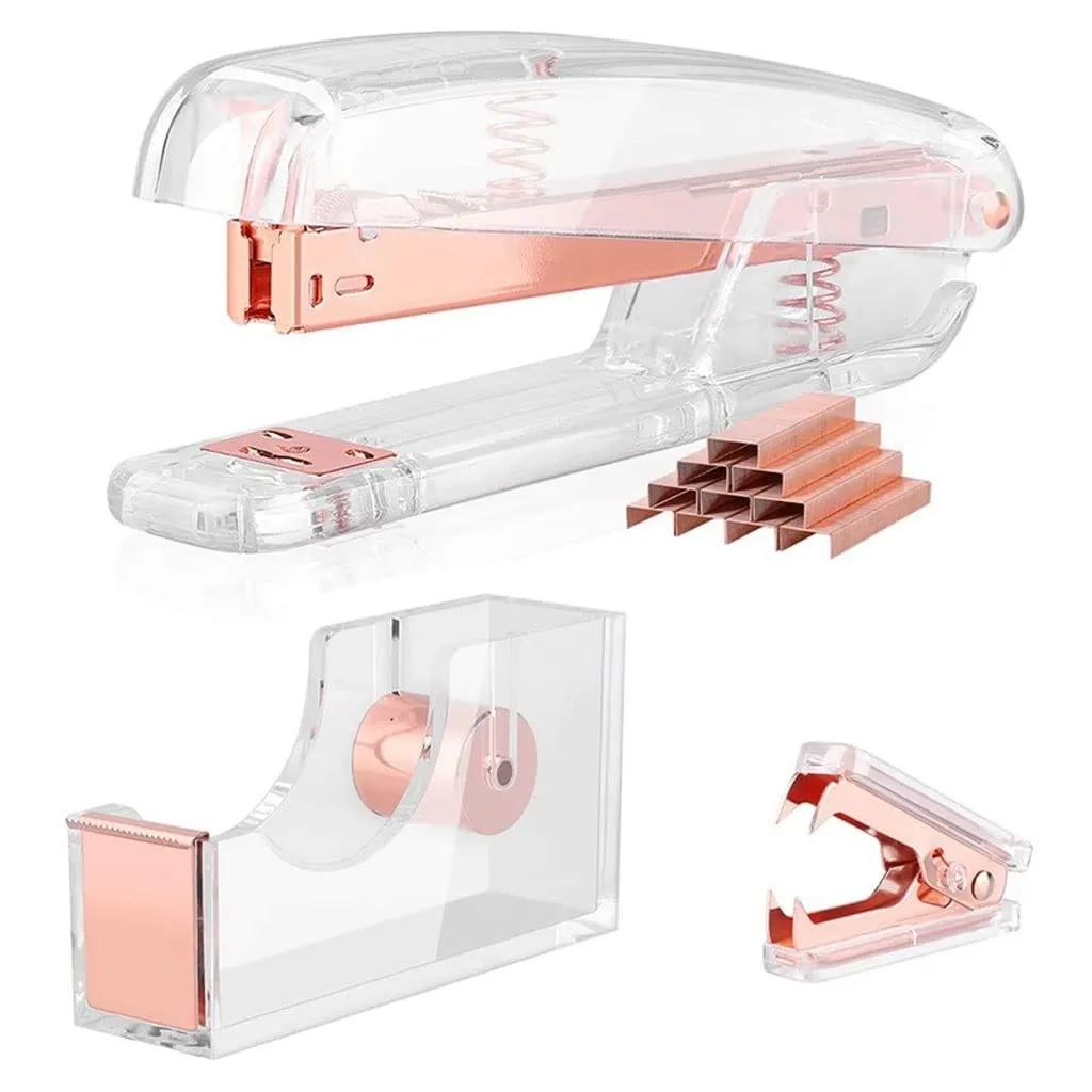 EFARMA ❀ Cucitrici da Tavolo, Cucitrice Trasparente Cucitrice Portatile Accessori da Scrivania 3 Kit Ape Dispenser, levapunti, Set Cucitrice - (Oro Rosa) s (Colore : Oro Rosa)