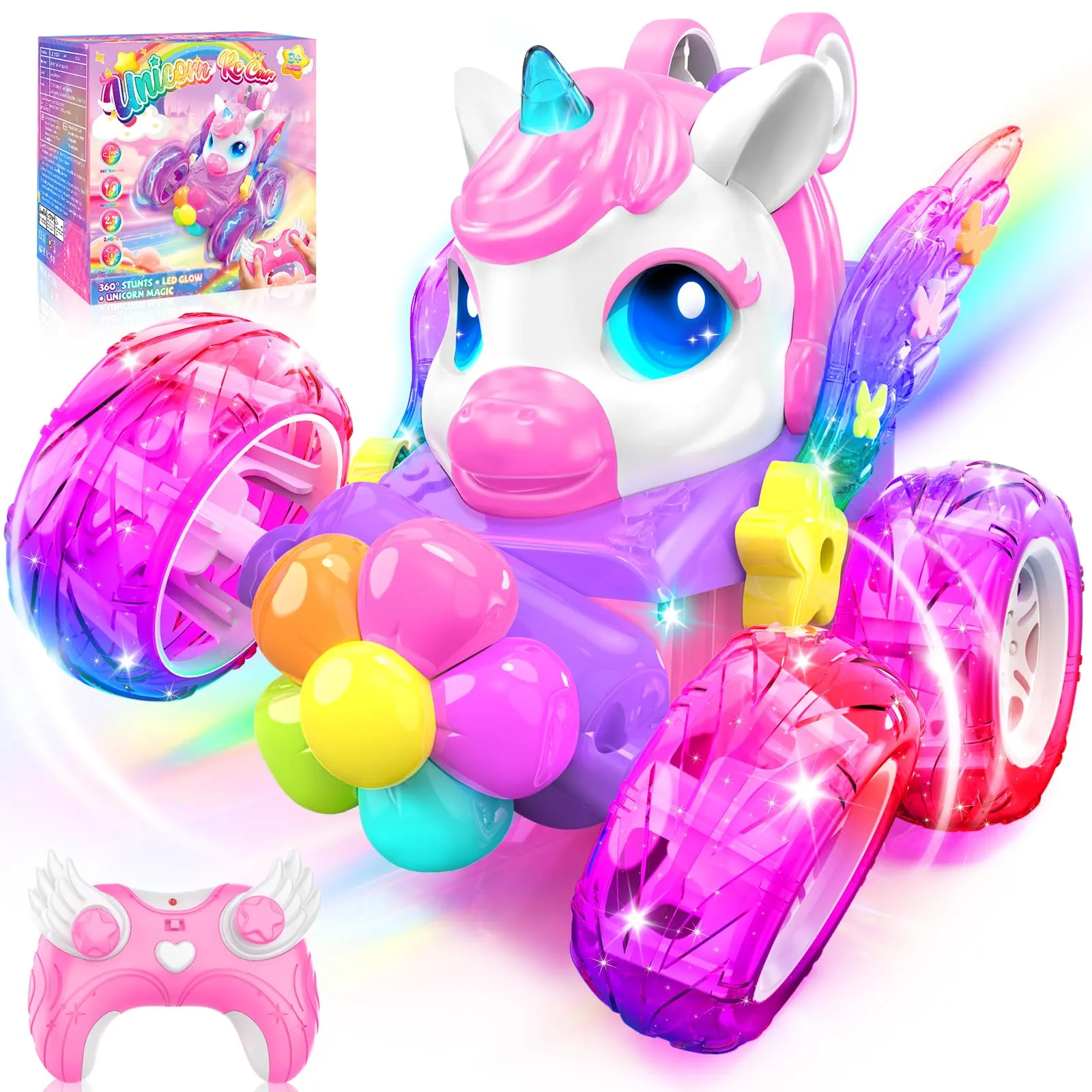 Unicorno Macchina Telecomandata Bambini 2,4GHz RC Car con Luce & Flip 360°, Regalo Bambina Giochi Bambini 3-12 Anni, Gioco Bambina Giocattoli Bimba 4 5 6 7 8 9 10 Anni Femmina Natale Compleanno Regali