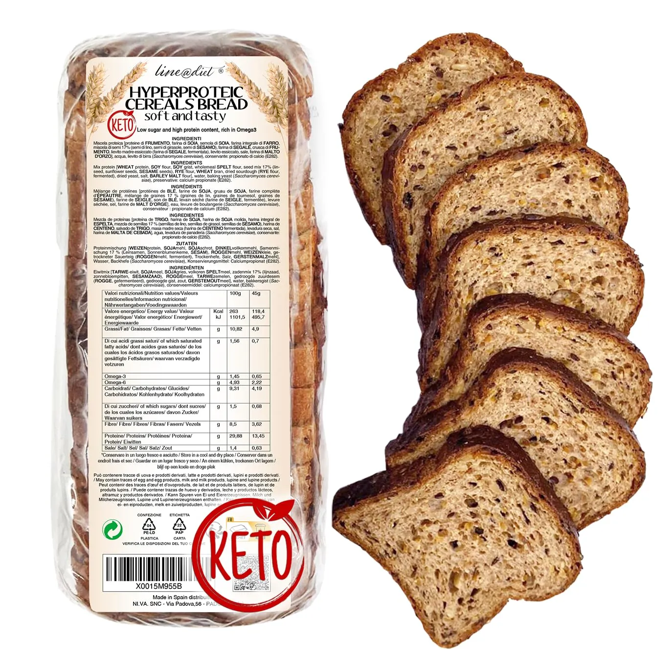 1 confezione di PANE BAULETTO KETO ai CEREALI PROTEICO LINE@ | 30% di PROTEINE, low carb, low sugar, ipocalorico, ricco di OMEGA 3