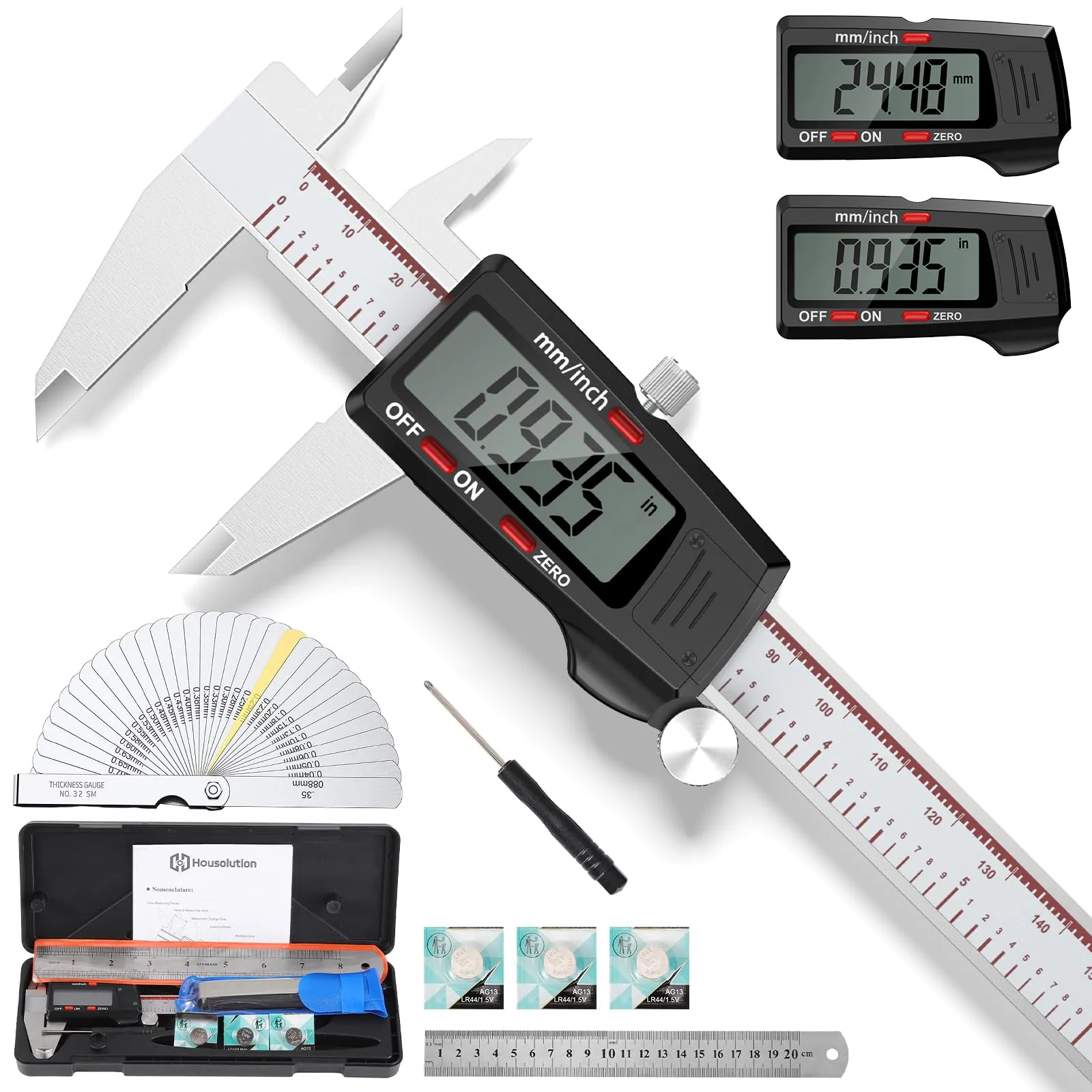 Calibro digitale Housolution da 6 Pollici, Strumento di Misura con Grande Schermo LCD, Pollici/MM, 4 Modi di Misura, Calibro a Corsoio in Acciaio Inox con Spegnimento Automatico per Gioiellieri