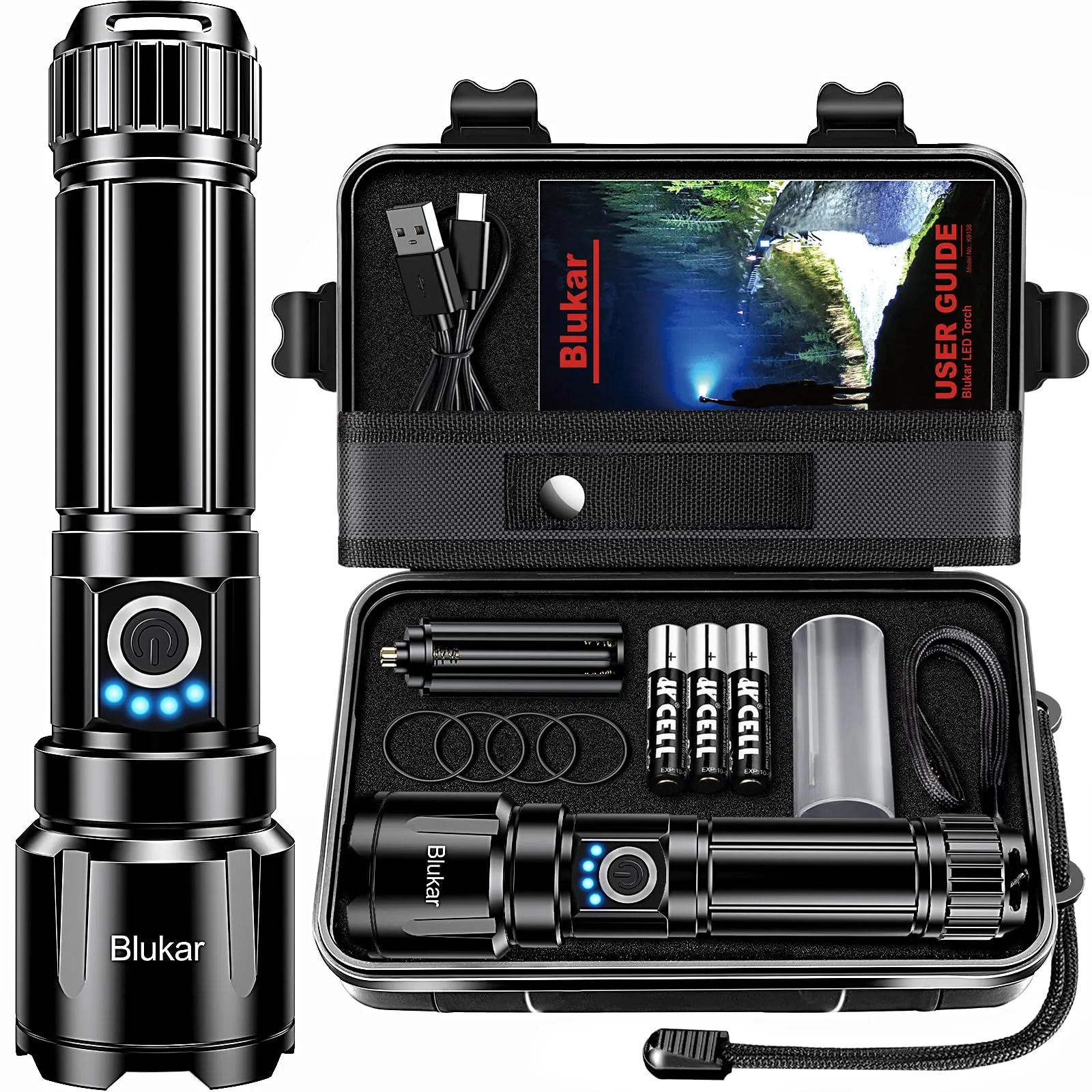 Blukar Torcia LED Potente Professionale, Ricaricabile Super Luminoso Zoomabile Torcia Alta Potenza con 5 Modalità di Illuminazione,IP67 Impermeabile Flashlight per Campeggio/Emergenza/Trekking