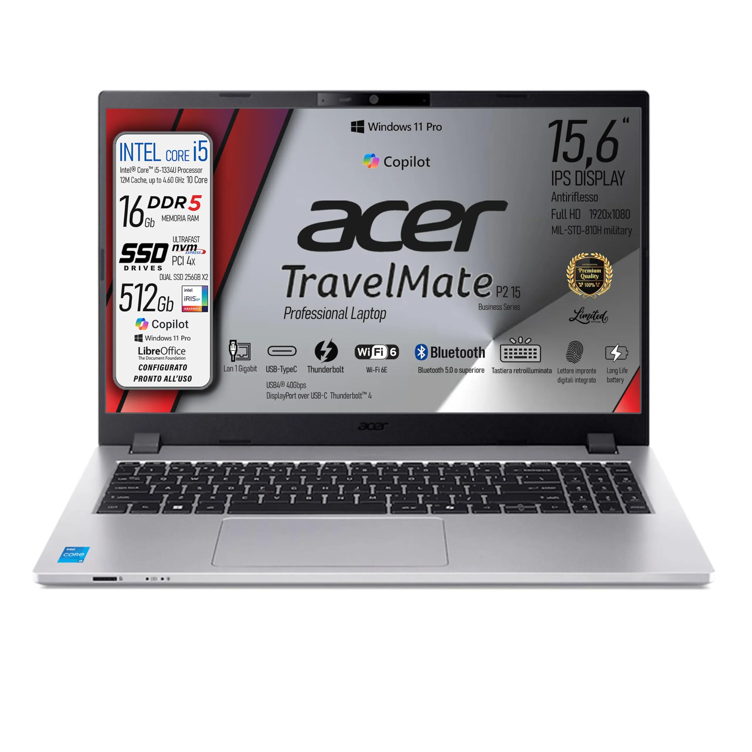 acer Notebook Aspire Ryzen5 7530u CPU 6Core, fino a 4,5 GHz, RAM 8 Gb LPDDR4 4266 MHz, SSD PCIe NVMe 512Gb, FHD 15,6" IPS, Tastiera Retroilluminata, Fingerprint, Win11Pro, preconfigurato