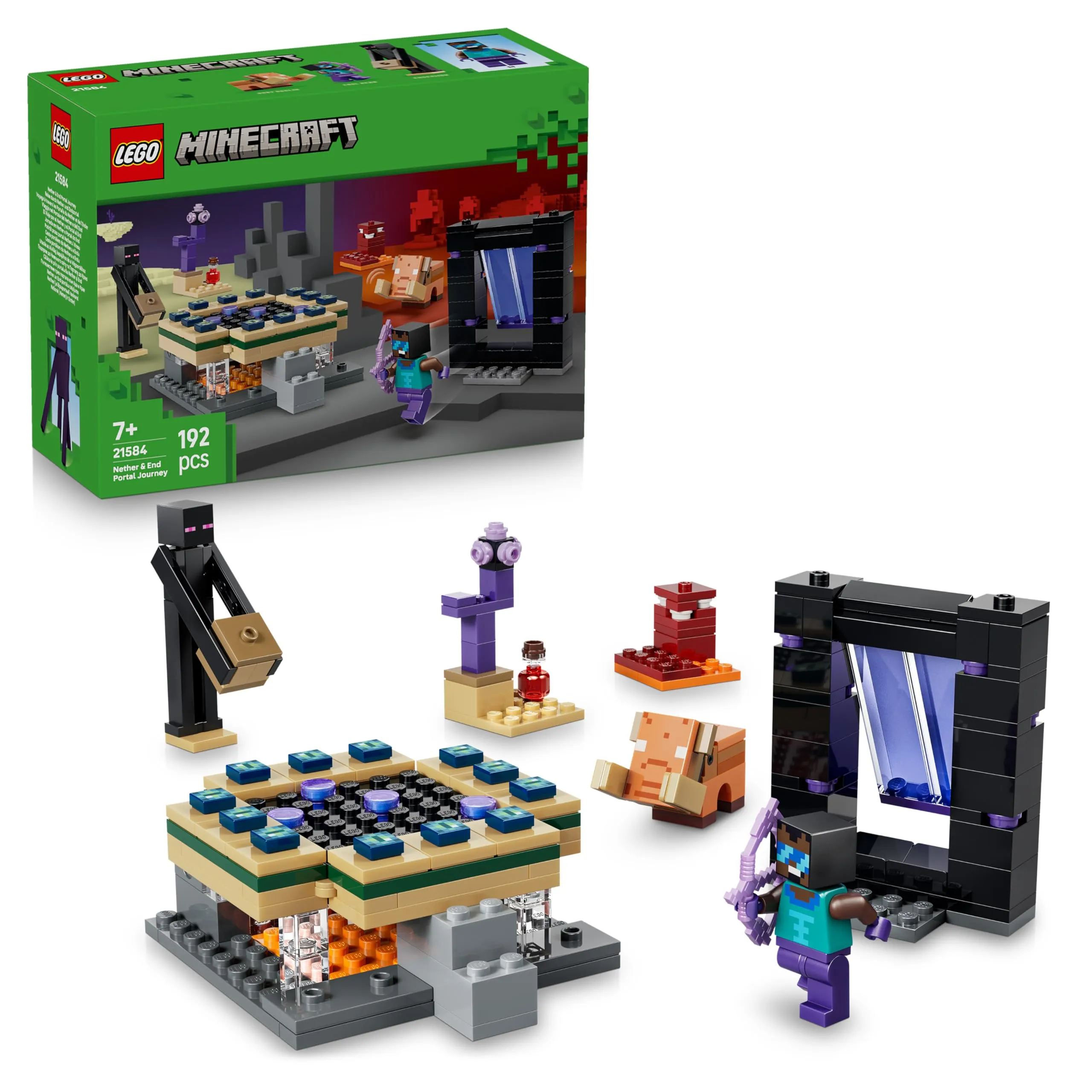 LEGO Minecraft Viaggio nel Portale del Nether e dell’End - Giocattolo da Costruire con Figure di Eroe, Enderman e Baby Hoglin - Regalo da Gaming per Bambini e Bambine da 7 Anni in su - 21584