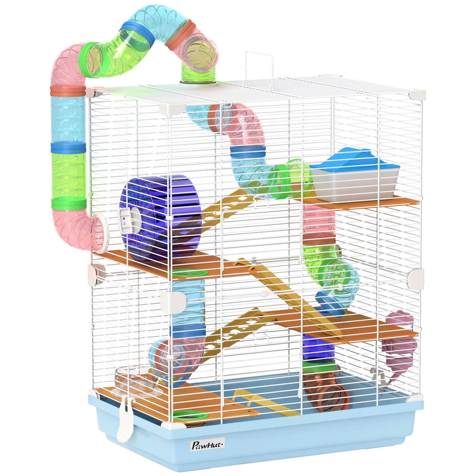 PawHut Gabbia per Criceti a 5 Livelli con Tubi, Ruota, Scale, Casetta e Bottiglia, Gabbietta per Roditori in Metallo, PP e PS, 46x30x58 cm, Blu