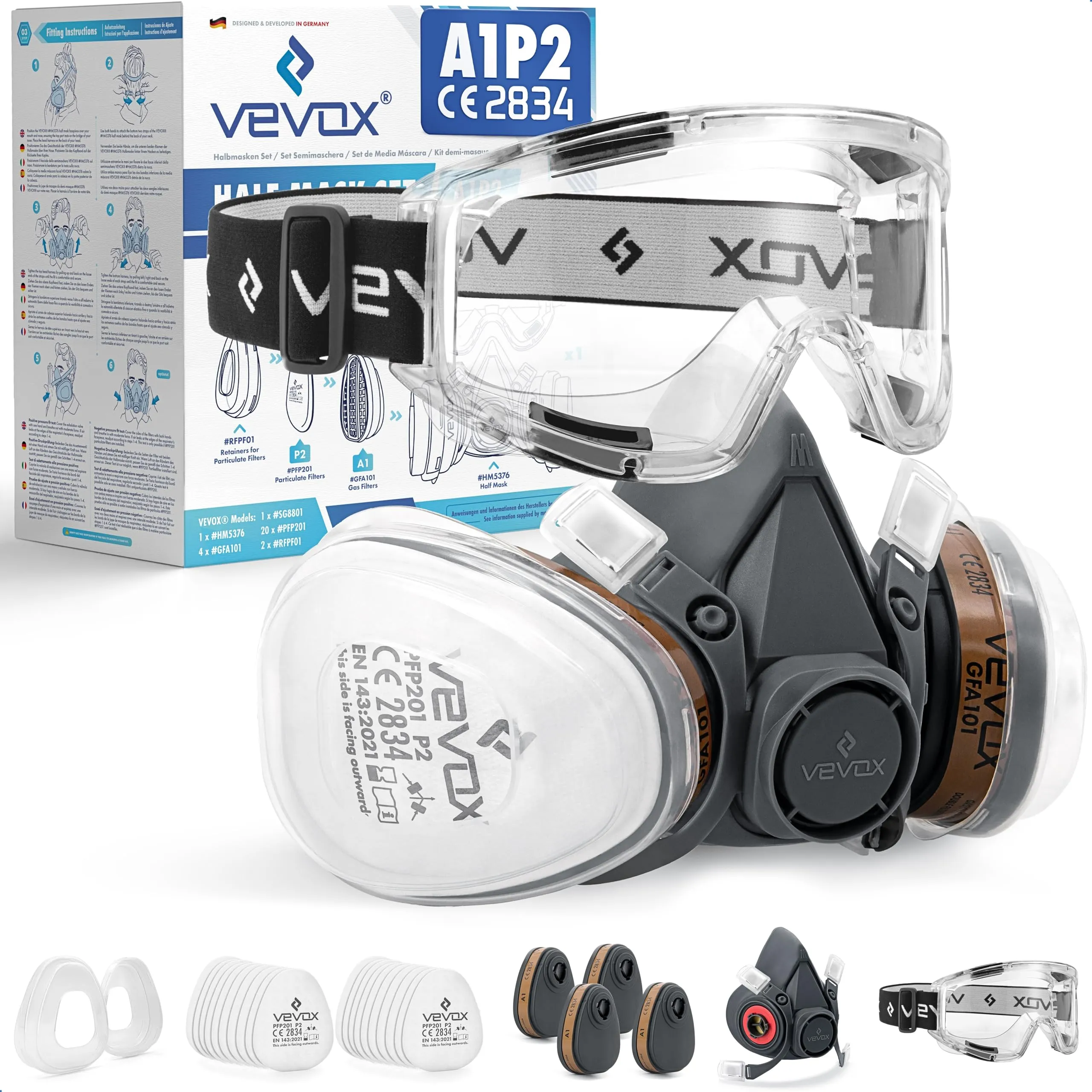 VEVOX® Maschera respiratoria con filtro A1P2 – Protezione da gas, vapori e polveri sottili – Ideale per verniciatura, levigatura e lavori edili – Con 20 filtri P2 antiparticolato e 4 A1 antigas