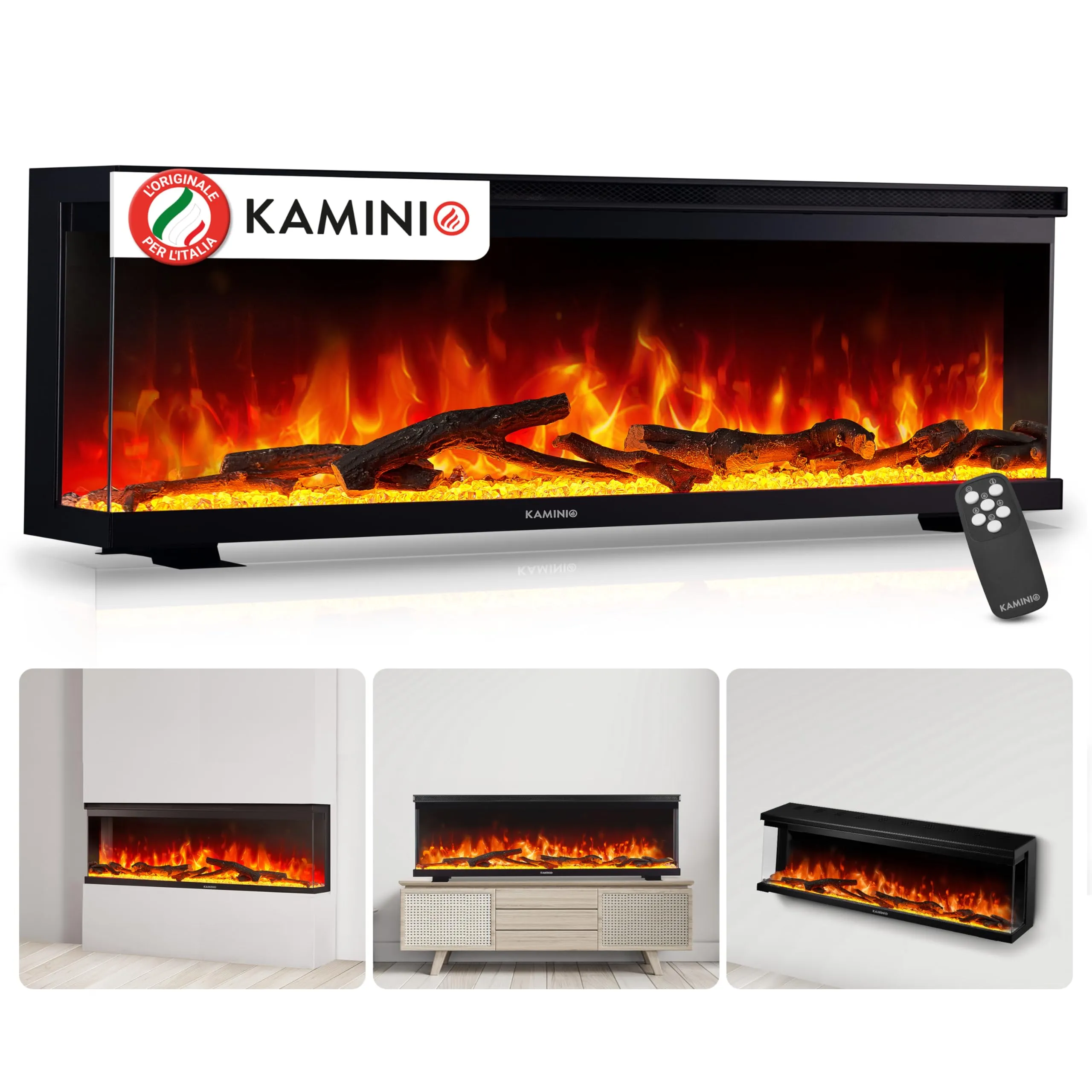 KAMINIO Camino elettrico LEA - Caminetto 3-in-1 con vista panoramica, riscaldamento, effetto fiamma 3D, 12 colori di fiamma, telecomando (60 pollici)