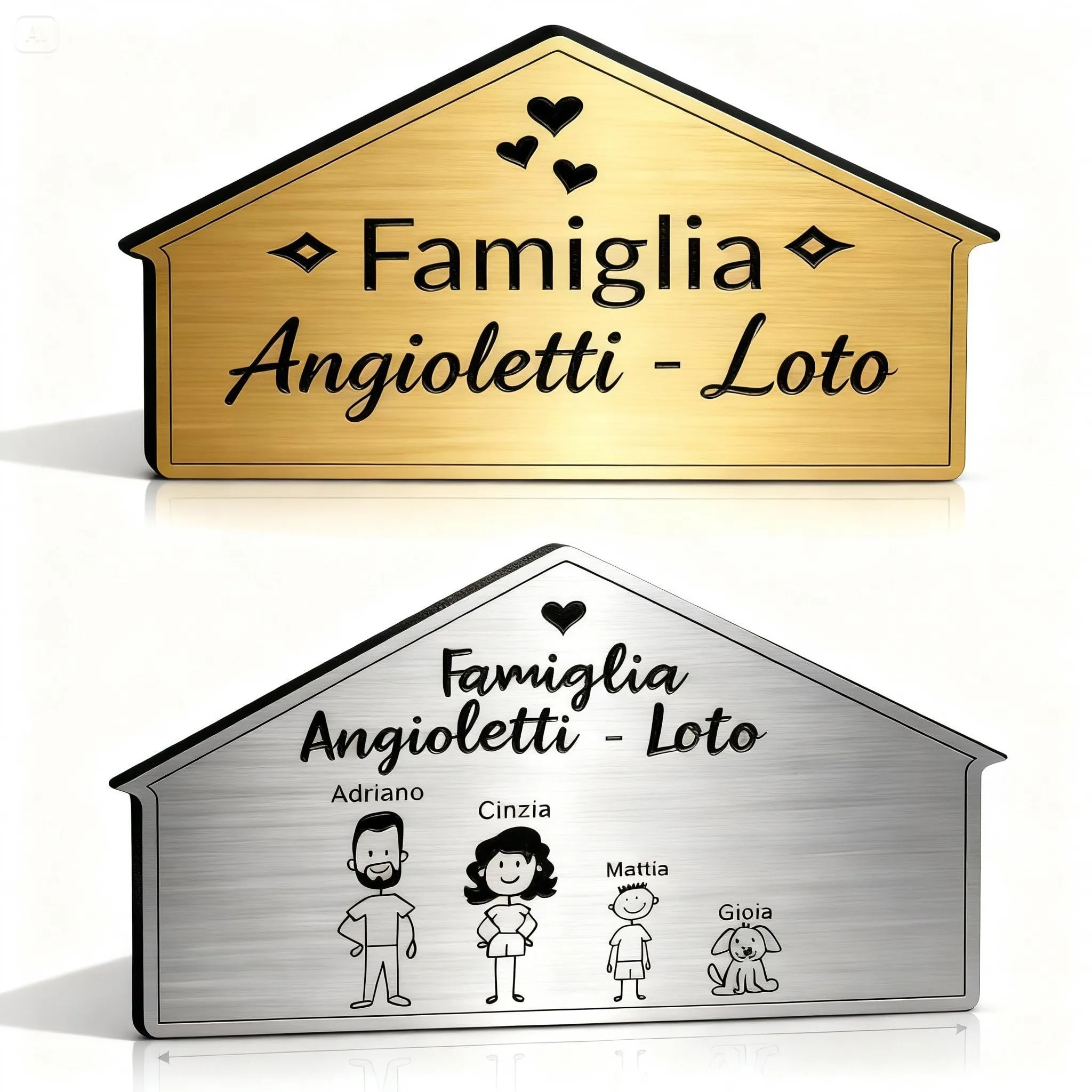 Famiglia – Targa fuoriporta personalizzata con simpatici omini e nomi - scegli i personaggi e PERSONALIZZA ORA la tua targhetta, disponibile con finitura ARGENTO O ORO (Casetta Classica)