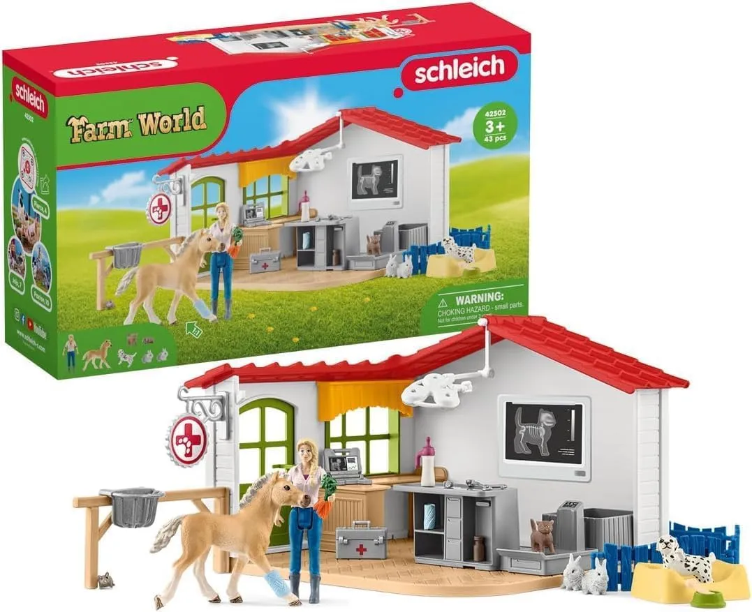 SCHLEICH 42502 Studio veterinario con animali domestici, da 3 anni, FARM WORLD - Playset, 43 pezzi