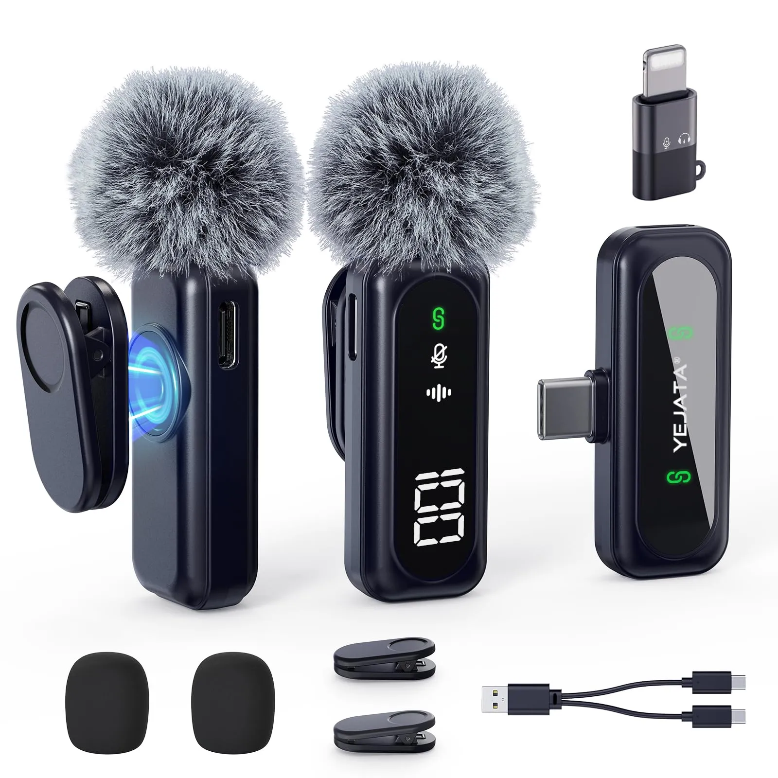 YEJATA Microfono lavalier wireless con display digitale della batteria, omnidirezionale a 360°, cancellazione del rumore, portata 30 m, clip girevole per iPhone 15/16 Android PC iPad Tablet