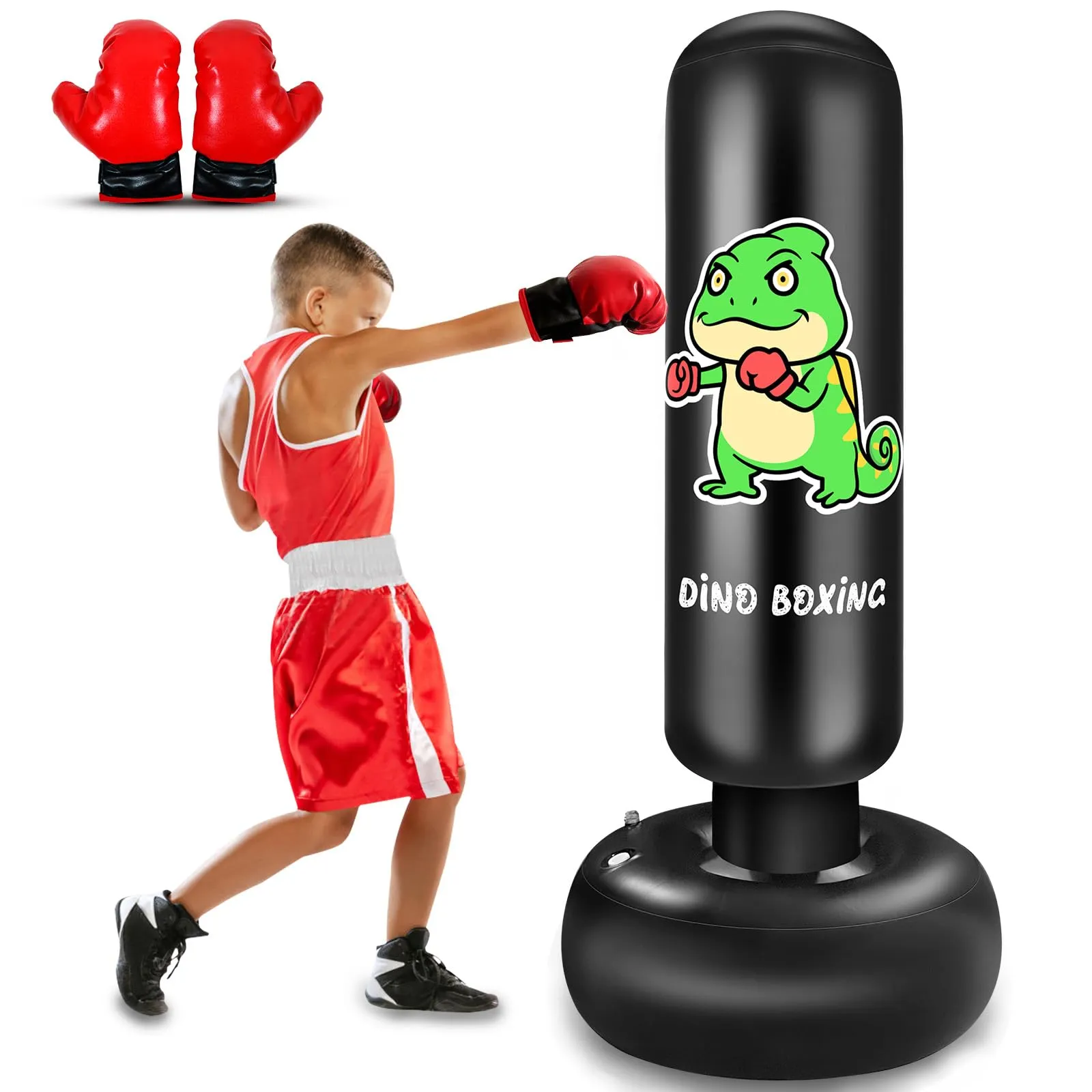 Sacco da Boxe per Bambini, 165cm Pungiball Bambini con Guantoni da Boxe, Sacchi da Boxe Gonfiabile per Ragazzi E Ragazze 3-12 Anni, Per Praticare Karate Taekwondo MMA(DINO)