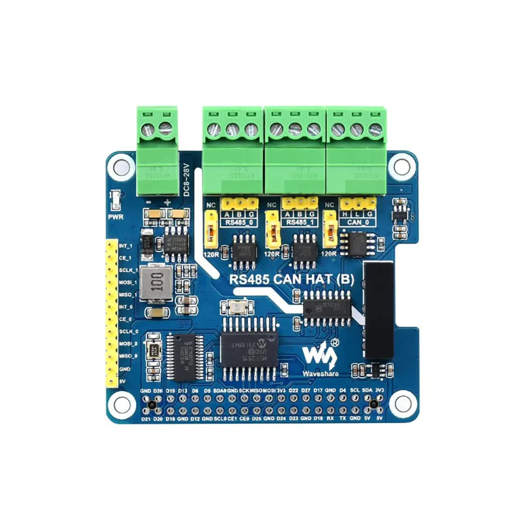 Isolated RS485 CAN HAT (B) for Raspberry Pi Series, SPI Communication, 2-Ch RS485 and 1-Ch CAN, Converter SPI to CAN/RS485