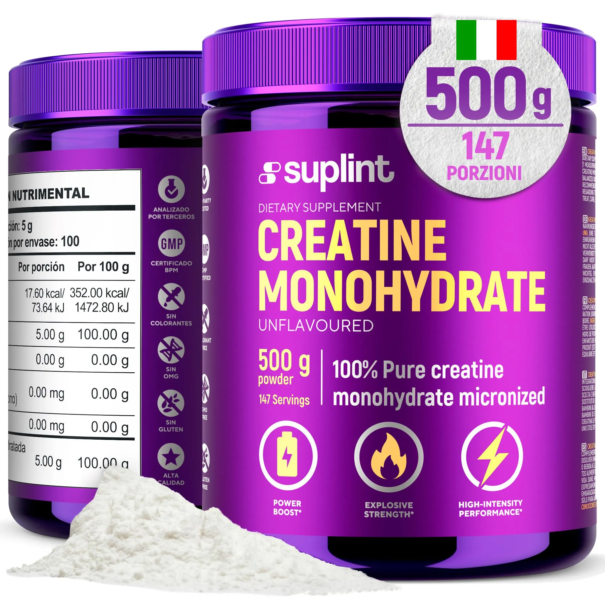 Polvere di Creatina Monoidrato 500 g – 147 Porzioni – 100 % Creatina Monoidrato Pura – Qualità Micronizzata – Vegano, Senza OGM – Integratore Sportivo per Forza, Muscoli & Recupero (1 Pack)