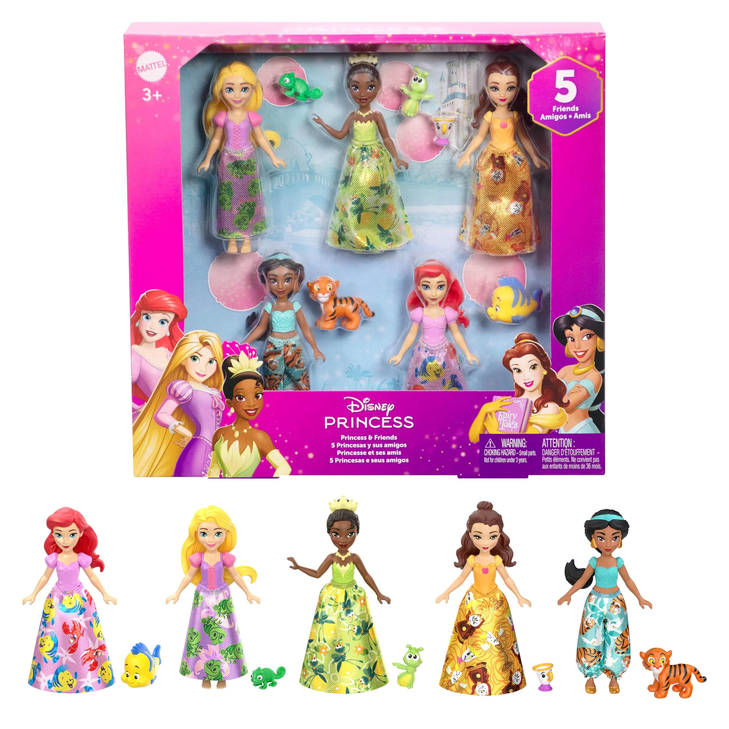 Mattel Disney Princess - Principessa e Amico Multipack, set con 5 mini bambole snodate e 5 personaggi amici abbinati, ispirati ai film Disney, giocattolo per bambini, 3+ anni, JBL33