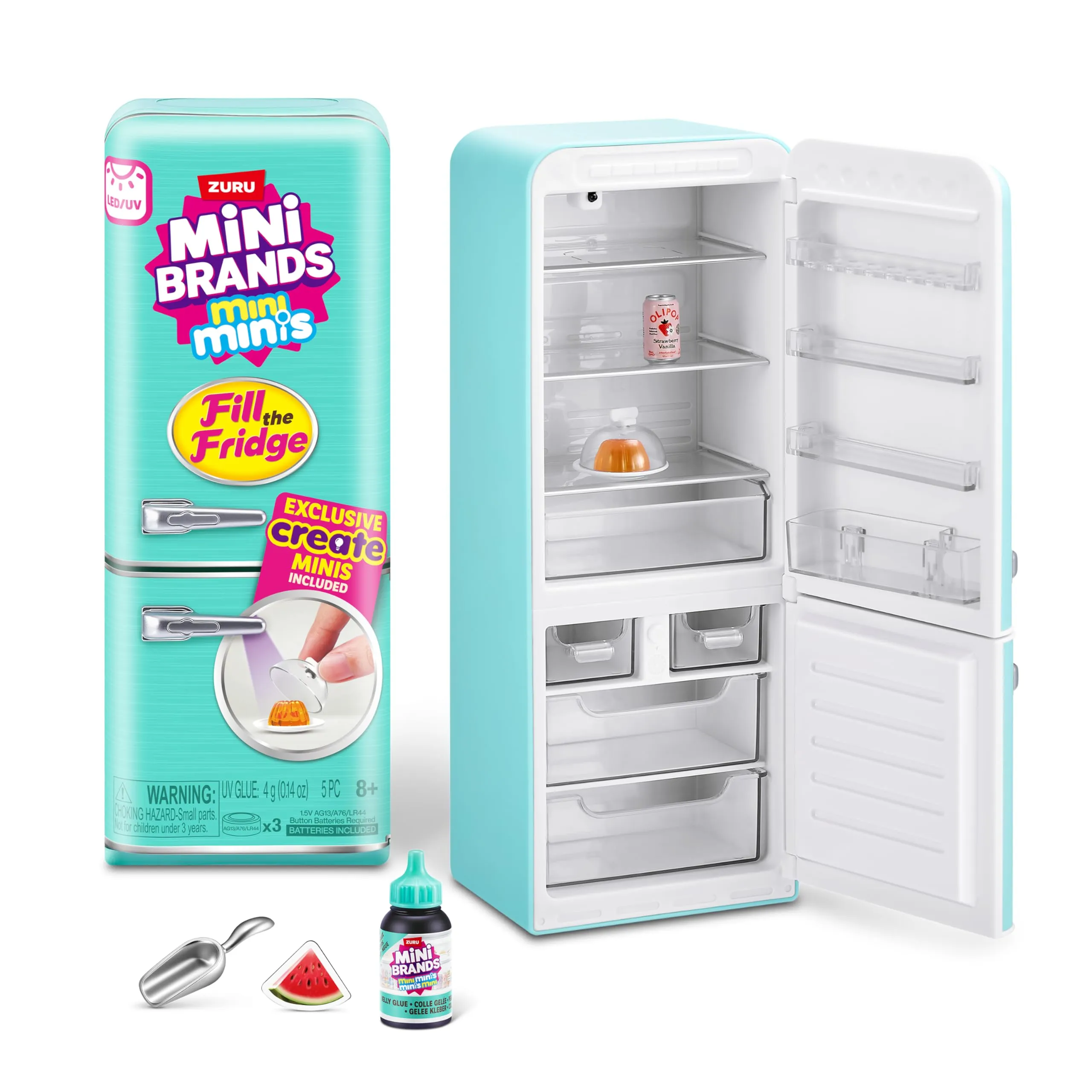 Mini Brands Set da gioco Fill The Fridge con luce UV di ZURU, oggetti da collezione, fai da te, gioco in resina, ricetta esclusiva, NON commestibile, dagli 8 anni in su