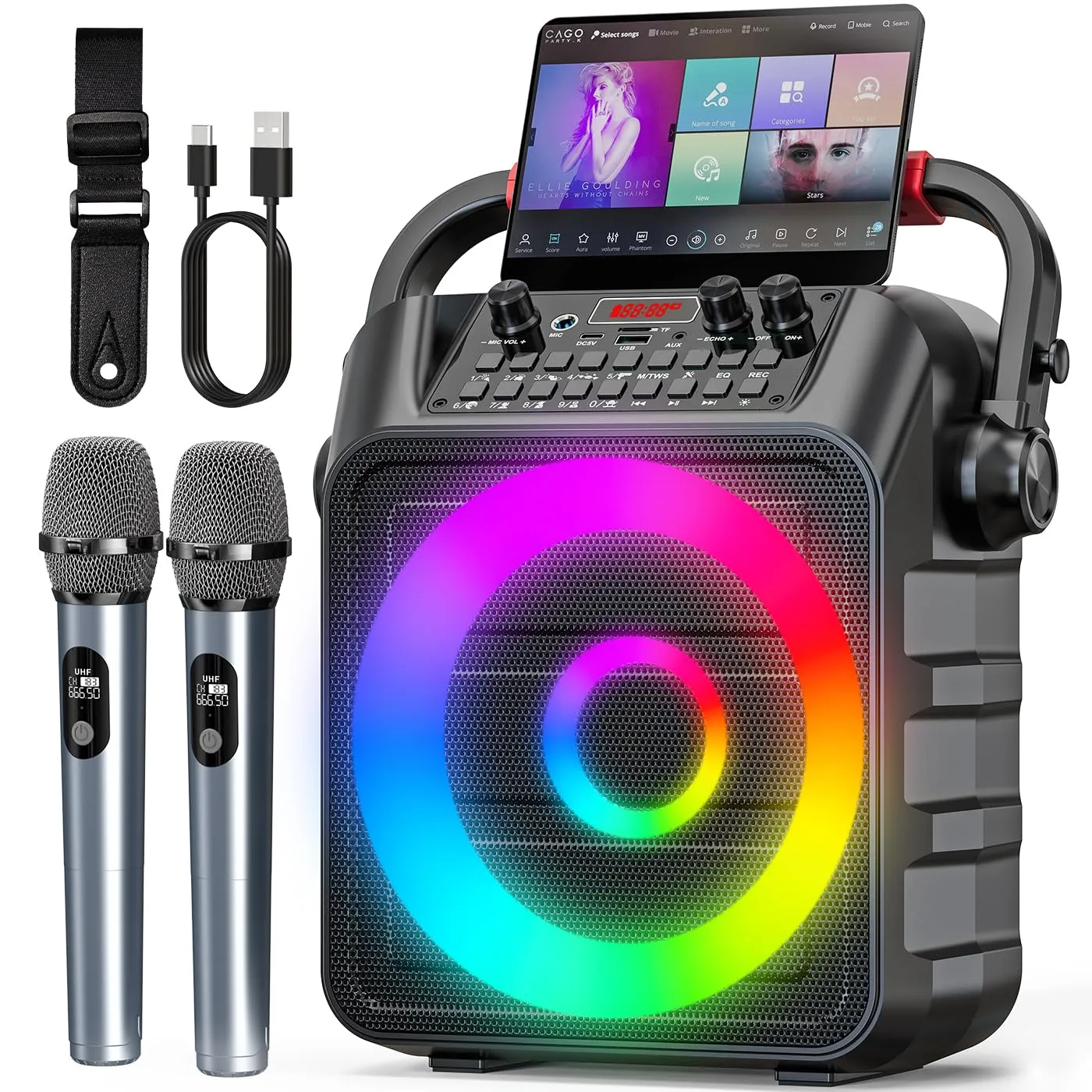 Karaoke con 2 microfono，Cassa Portatile Bluetooth con LED Luci,karaoke professionale completo,Ideale per Home Party e Regalo,Stereo TWS,Supporta USB/TF/AUX