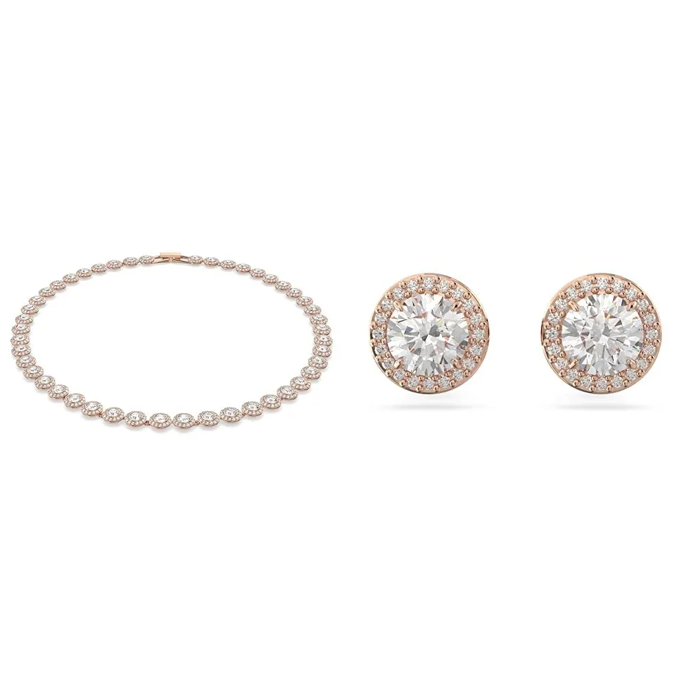 Swarovski Collana Angelic, Rotondo, Bianco, Placcato color oro Rosa & Constella Orecchini a Lobo, con Pavé di Zirconia Taglio Tondo, Placcati in Tonalità Oro Rosa, Bianco