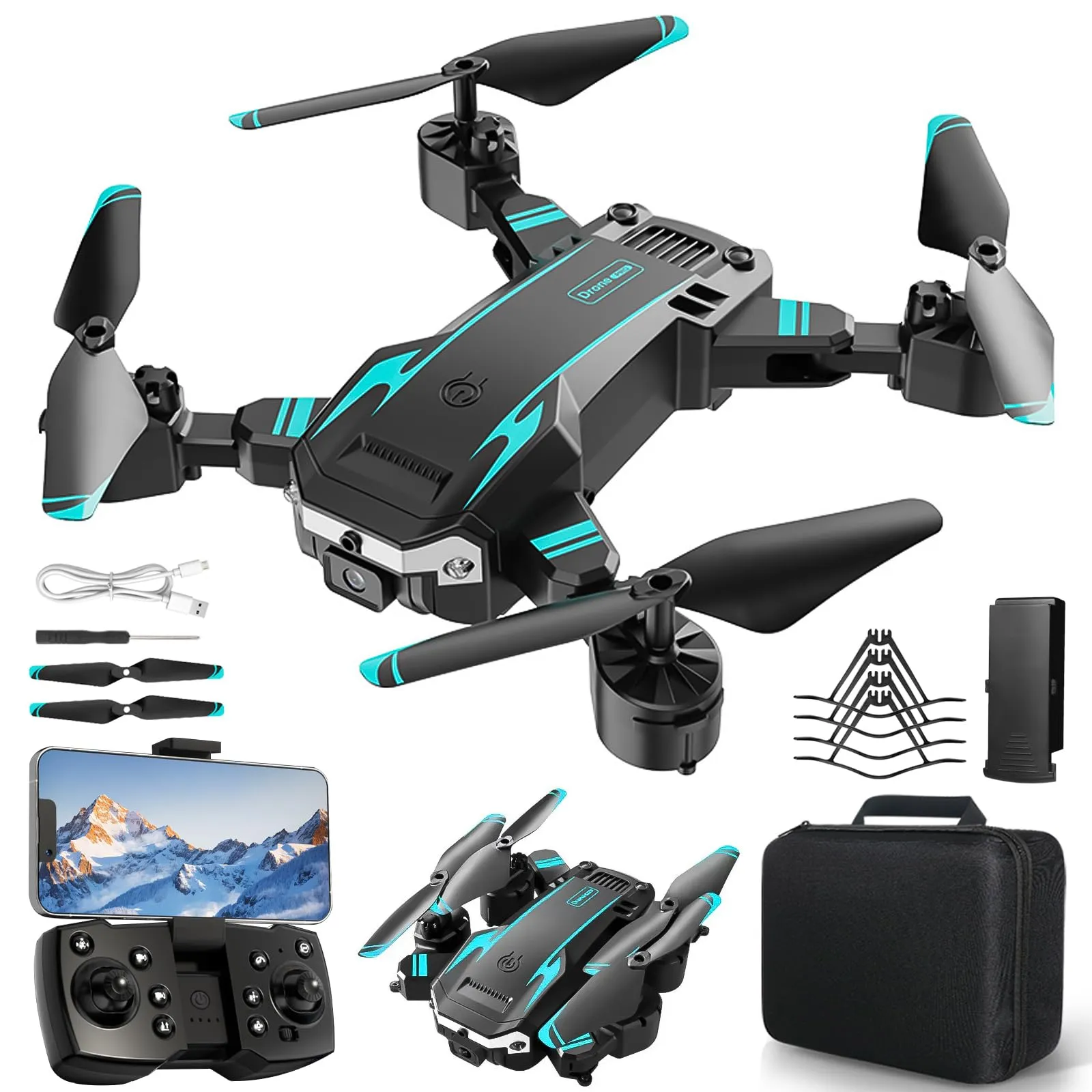 NXPZ Drone con Doppia Camera HD per Principianti, Drone Pieghevole per Bambini, 3D Flip, Decollo/Atterraggio 1 Tasto, Modalità Headless, Volo a Waypoint, per Bambini o Novizi, 2 Batterie