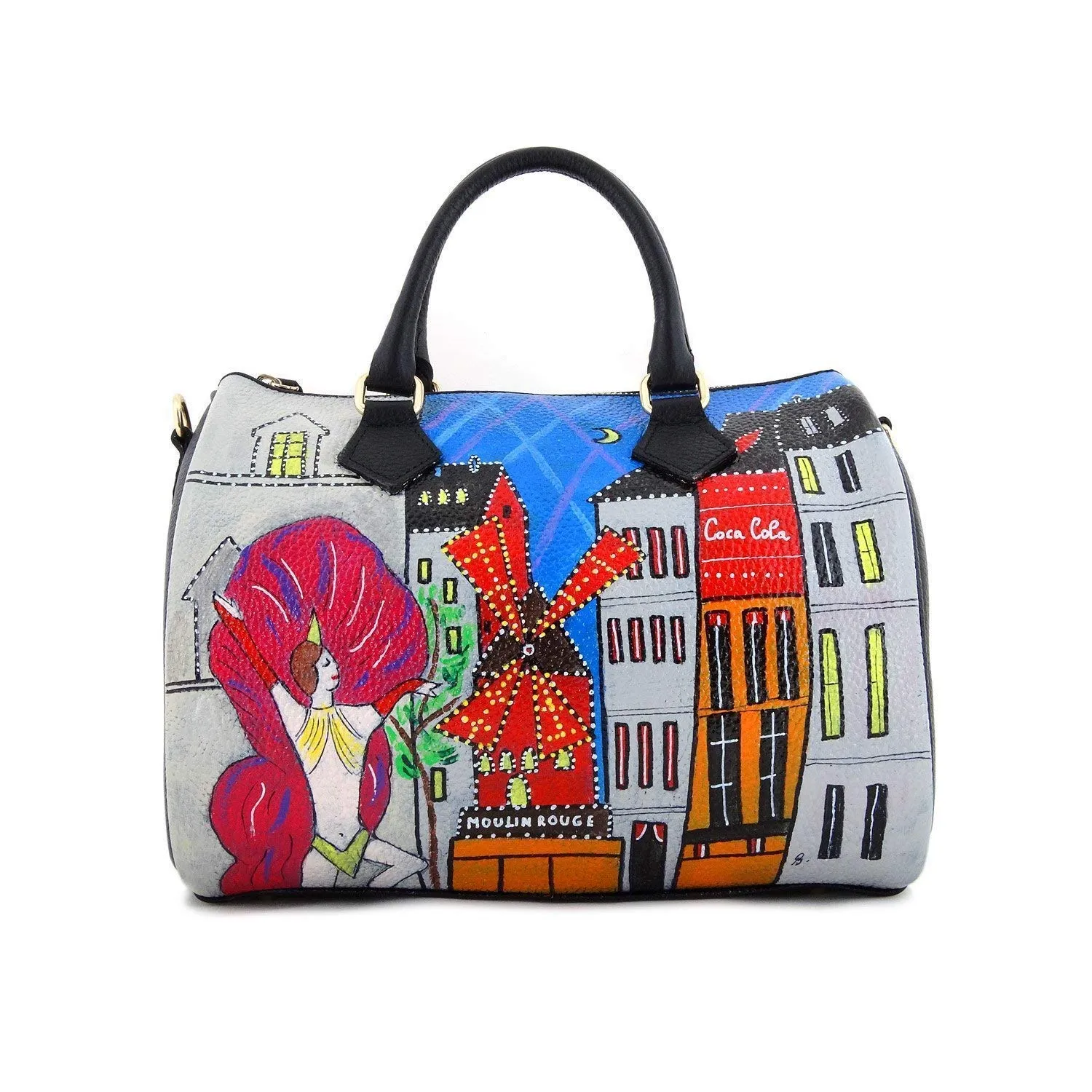 Borsa in pelle dipinta a mano - MOULIN ROUGE - Borse Donna, Borse a Spalla, Vera Pelle, Made in Italy, in Pelle Dipinta, Borsa bauletto a Tracolla con manici regolabili, Lavorazione Artigianale