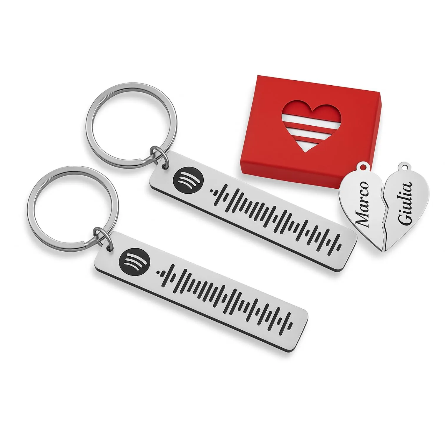 2 Portachiavi Personalizzati Spotify con Confezione Regalo - Opzione Ciondoli Cuore Diviso, con nomi - Regalo Ideale per Coppie e Occasioni Speciali"