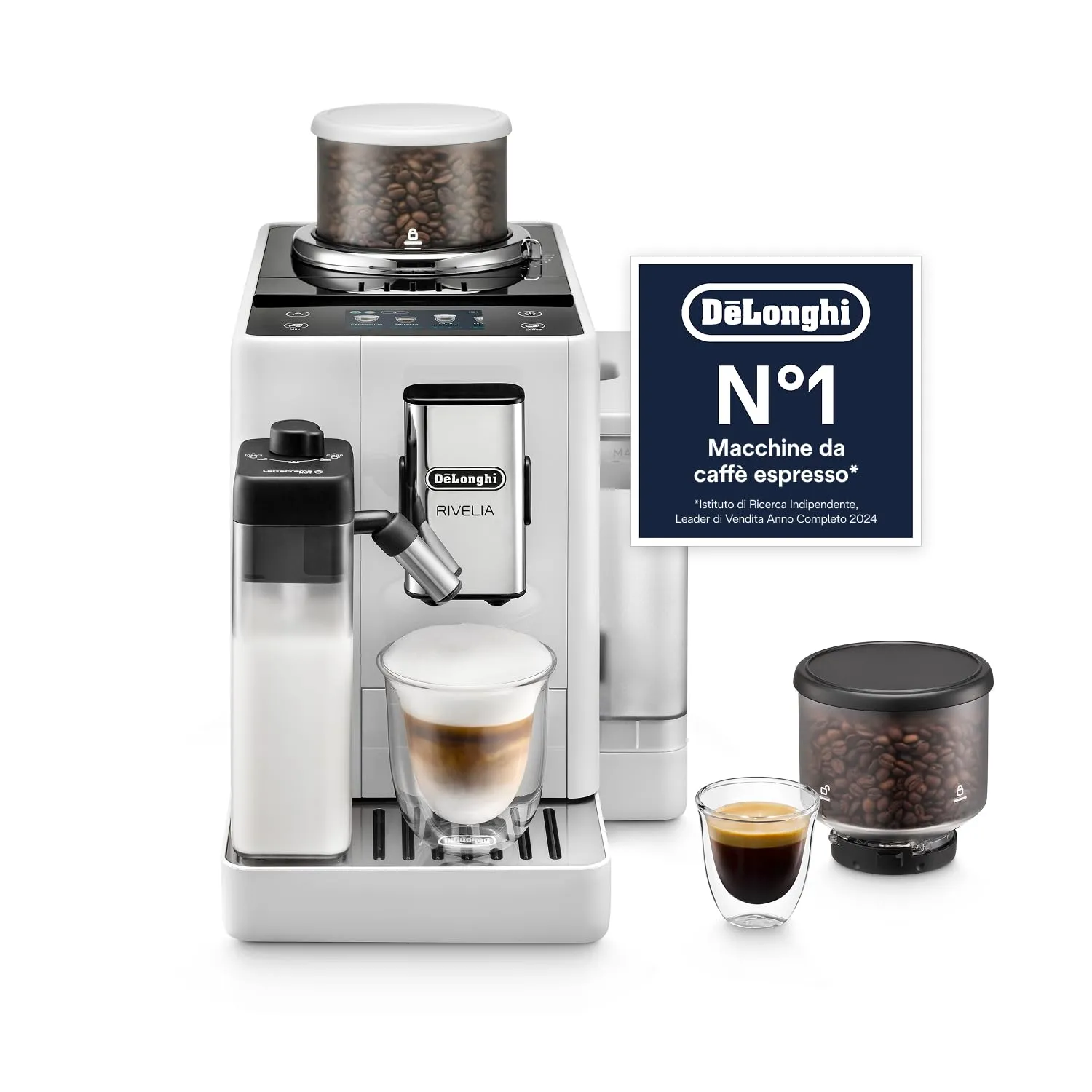 De'Longhi Rivelia Perfetto EXAM440.55.W Macchina da Caffè Automatica, Chicchi Macinati al Momento, Portachicchi Intercambiabile, Caraffa Montalatte Automatica, Display Touch a Colori, 1450W, Bianca