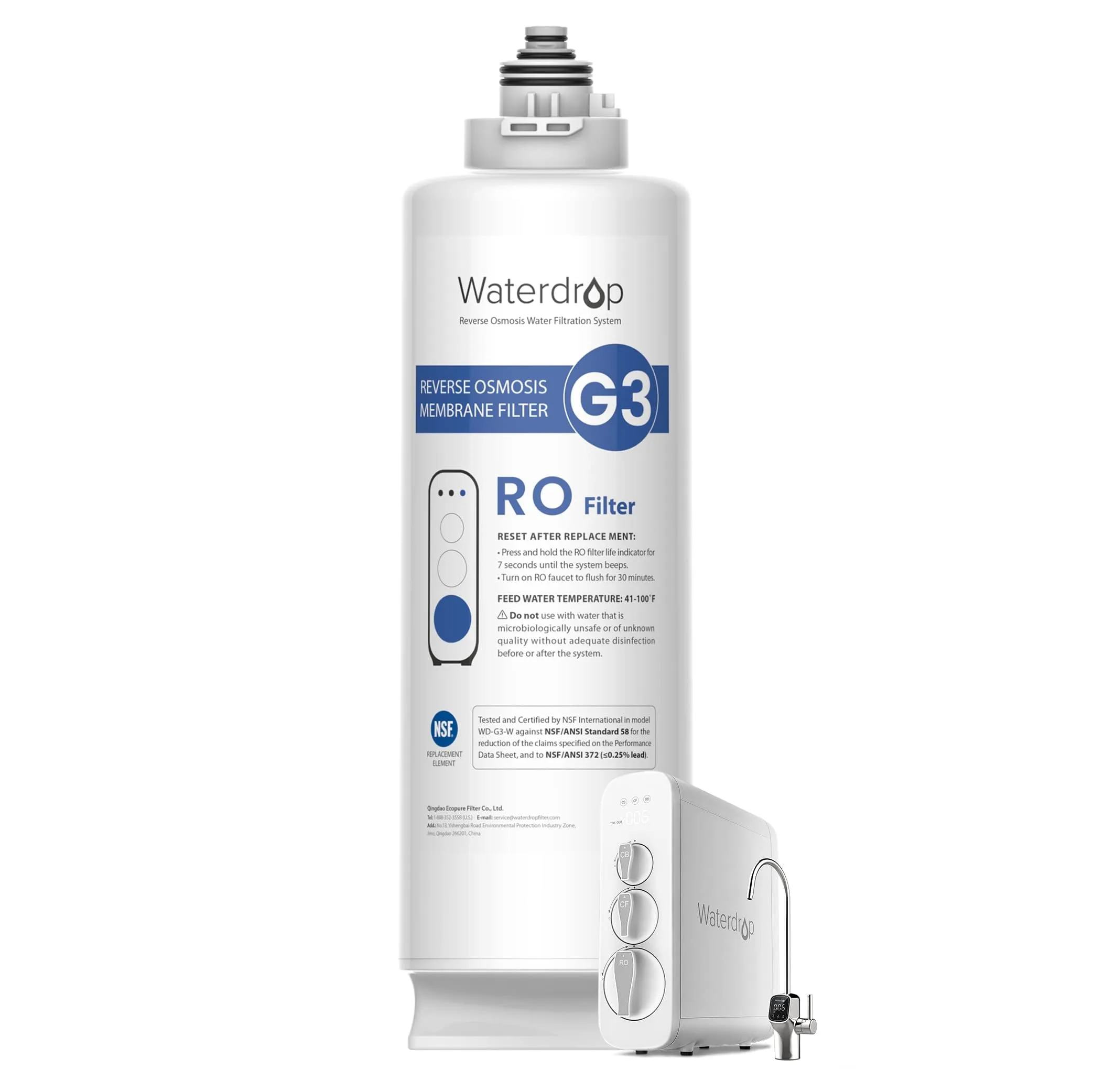 Waterdrop WD-G3-N2RO Filtro, Certificato NSF, Ricambio per il Sistema a Osmosi Inversa WD-G3-W, 2 Anni di Vita