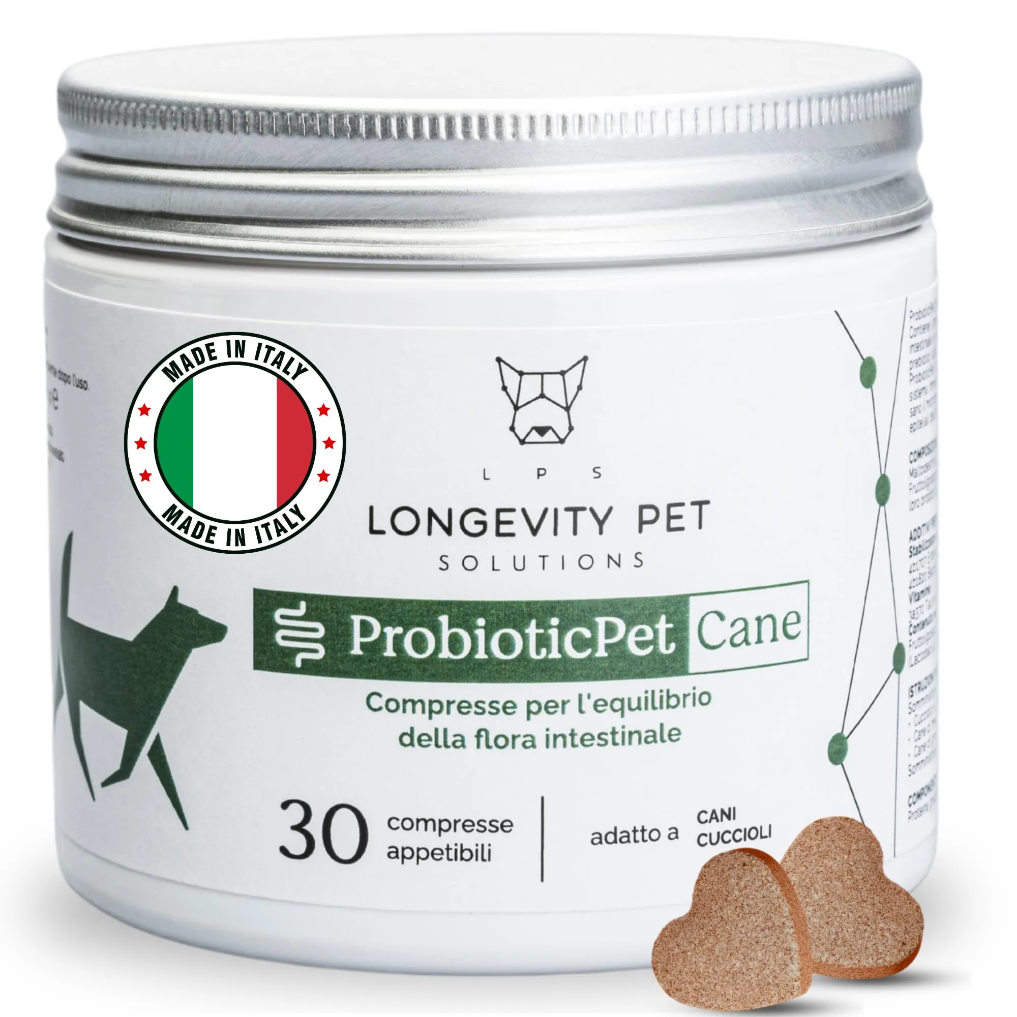 ProbioticPet Cane 30 Compresse per Prurito, Dermatite, Digestione | Probiotici per Cani FOS e MOS | Integratori per cani | Supporto per Diarrea Cane e Gatto | Made in Italy Longevity Pet
