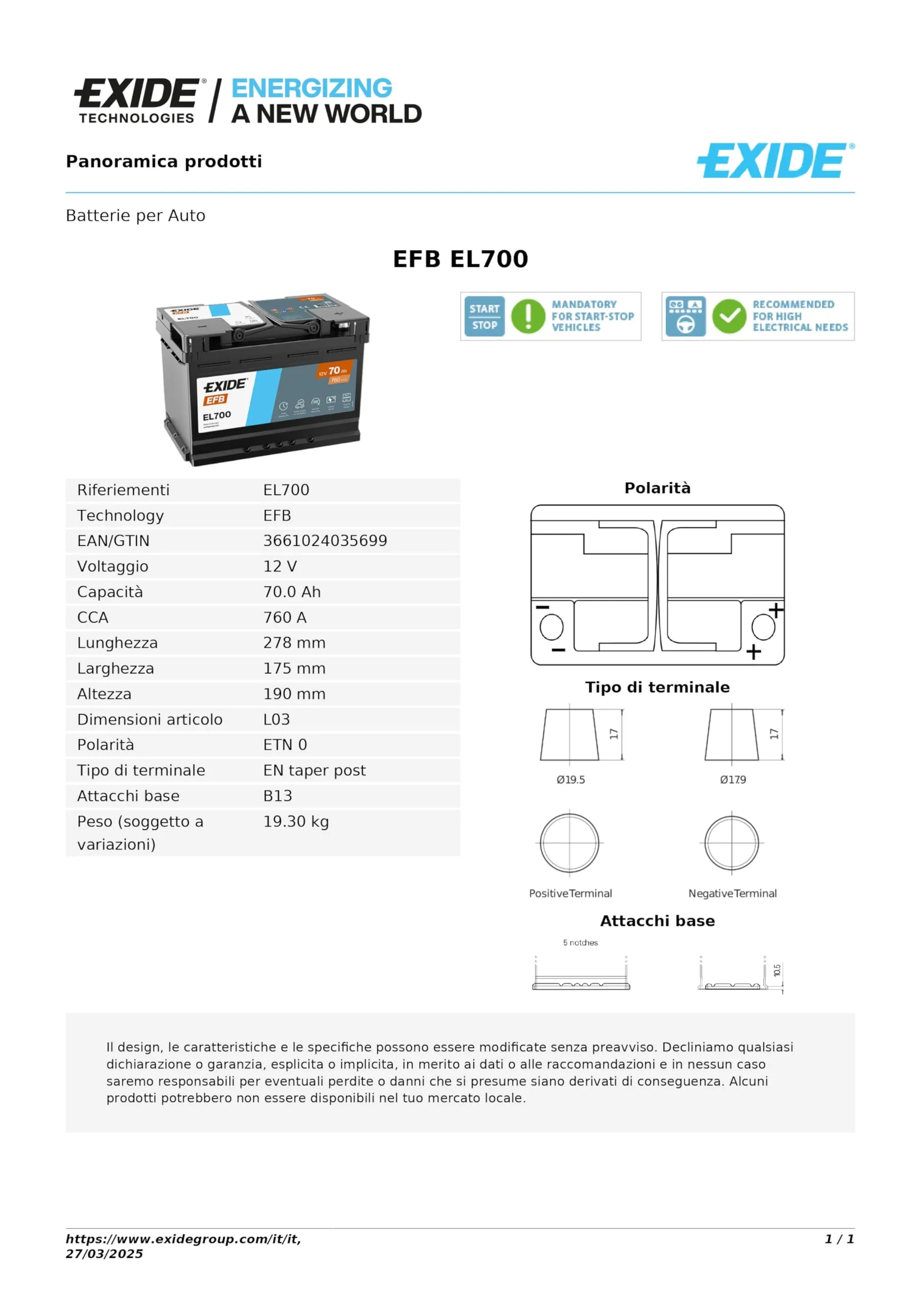 Batteria 2025 Exide EL700 70Ah 760A 12V Start-Stop EFB L3 = ROFIBA 70760