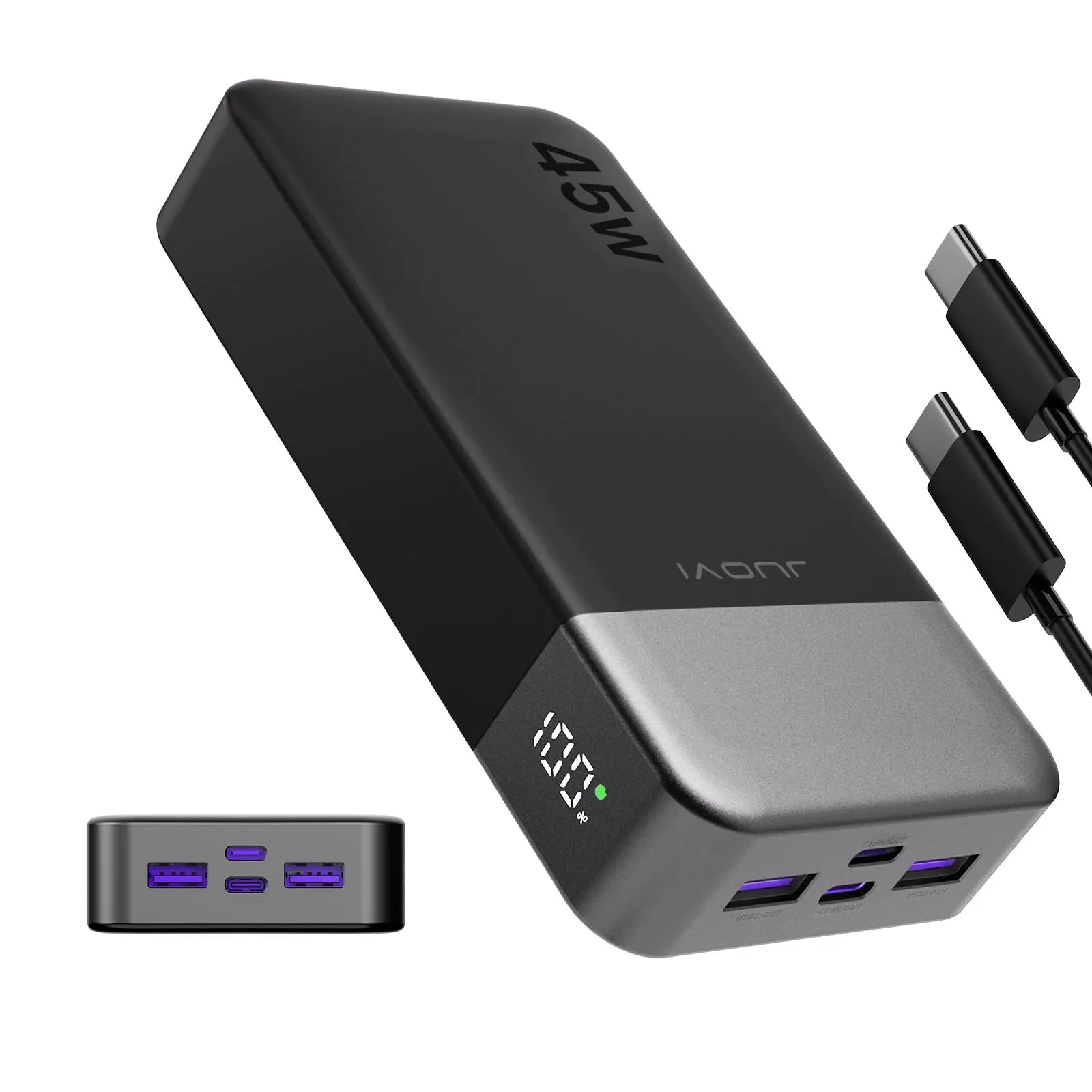 JUOVI Power Bank 20000mAh, 45W Caricatore Portatile Ricarica Rapida, Batteria Esterna 4 Porte, Caricabatterie Portatile per MacBook, Samsung, Dell, HP, Tablet, iPhone 16 15 14 13 e Altro (Nero)